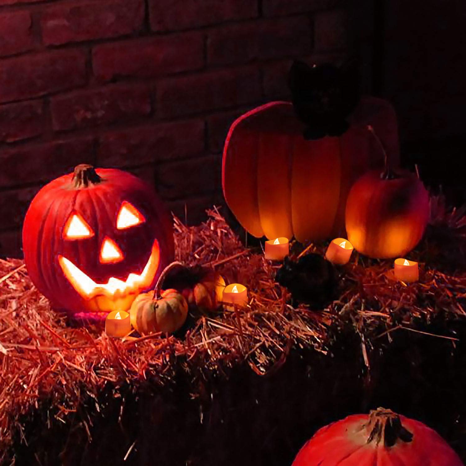 Beichi 24 Pack Halloween Tea Lights, Realistic Orange Tea Candles, Battery Operated Flameless Tealights For Halloween, Fall Deco