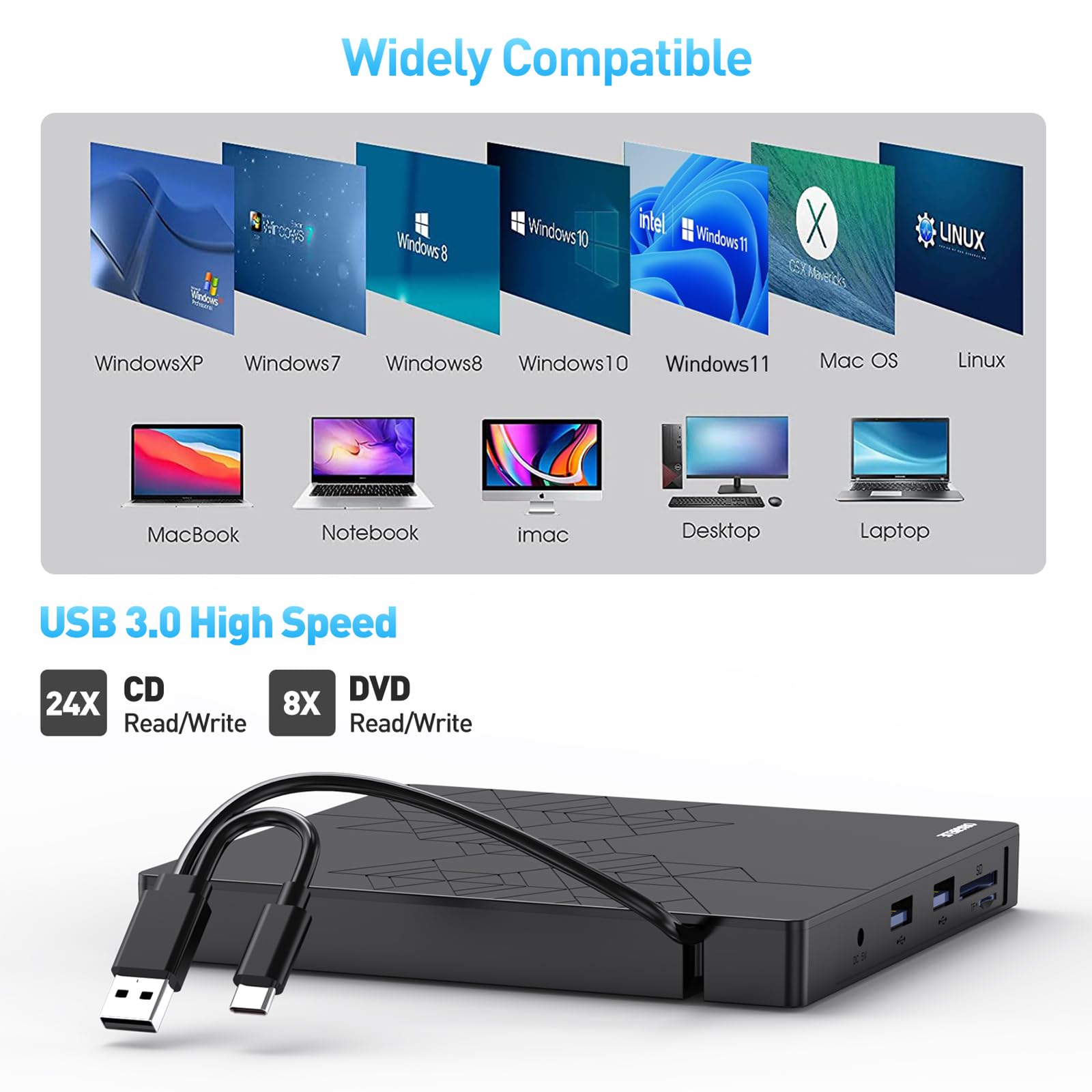 ORIGBELIE External DVD Drive USB 3.0 Type C CD/DVD ROM +/-RW, Black, Model BT668, Compatible with Mac, Windows, Linux