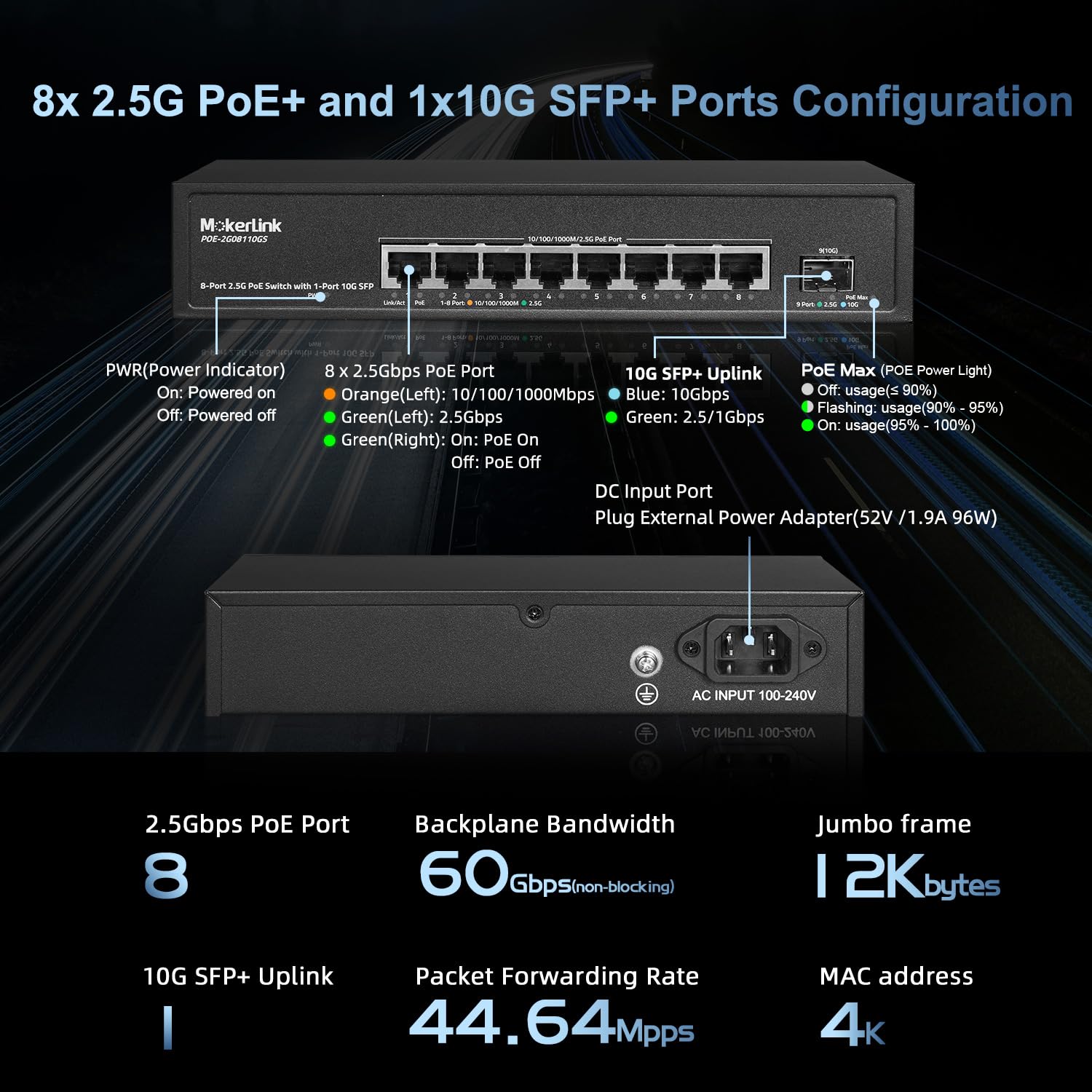 Mokerlink 8 Port 2.5 Gigabit Poe Switch With 10G Sfp, 8 X 2.5G Ethernet Ports, 8 Port Poe Ieee802.3Af/At, 120W, Compatible With