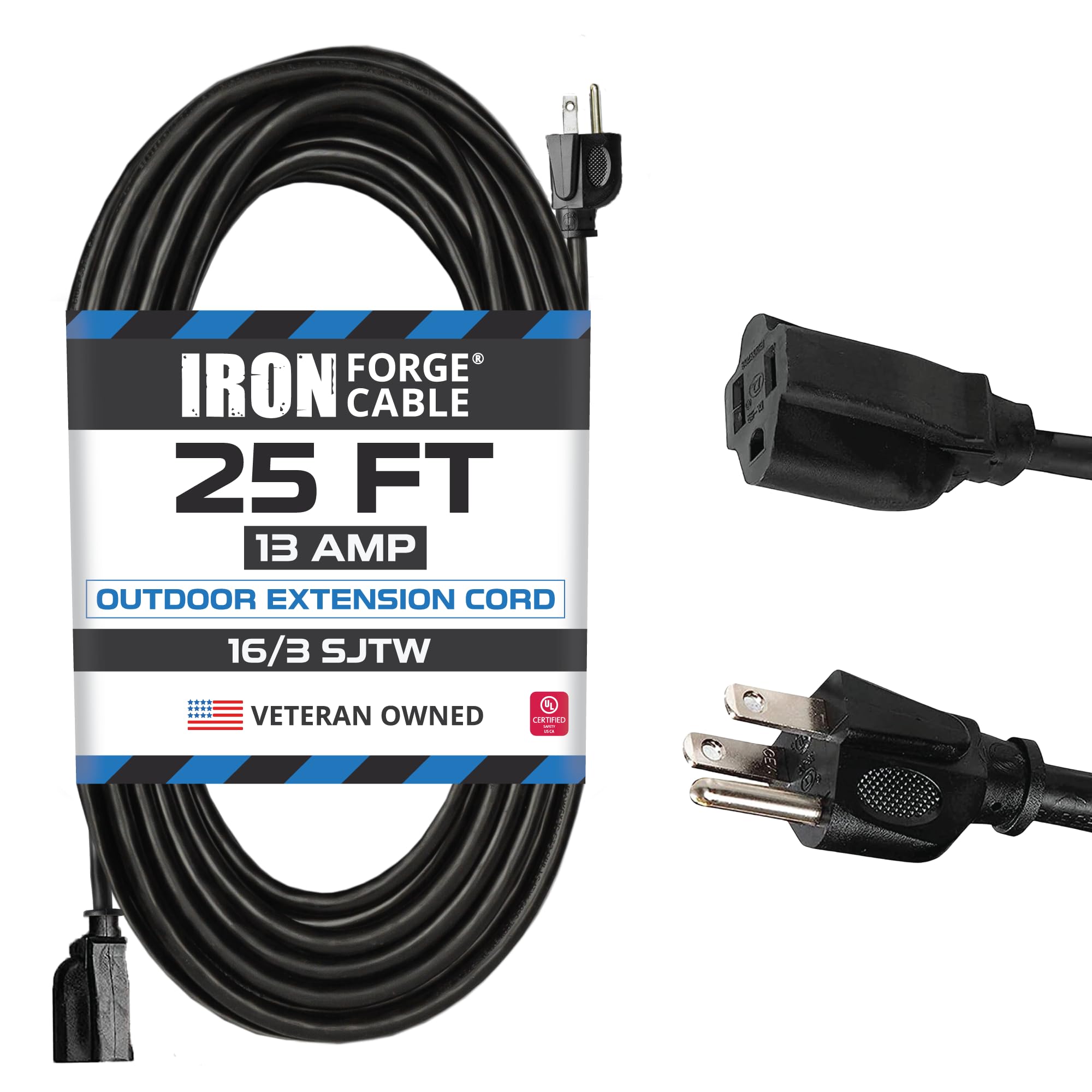 Iron Forge Cable Weatherproof Outdoor Extension Cord 25 Ft, 16/3 Sjtw Heavy Duty Black Extension Cord 3 Prong, 13 Amp Exterior P