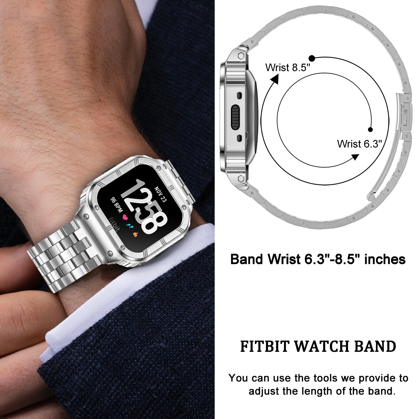 Suplink Stainless Steel Case And Band Compatible With Fitbit Versa 2 Bands/Versa/Versa 3/Fitbit Versa 4 Bands Men,Rugged Cover S