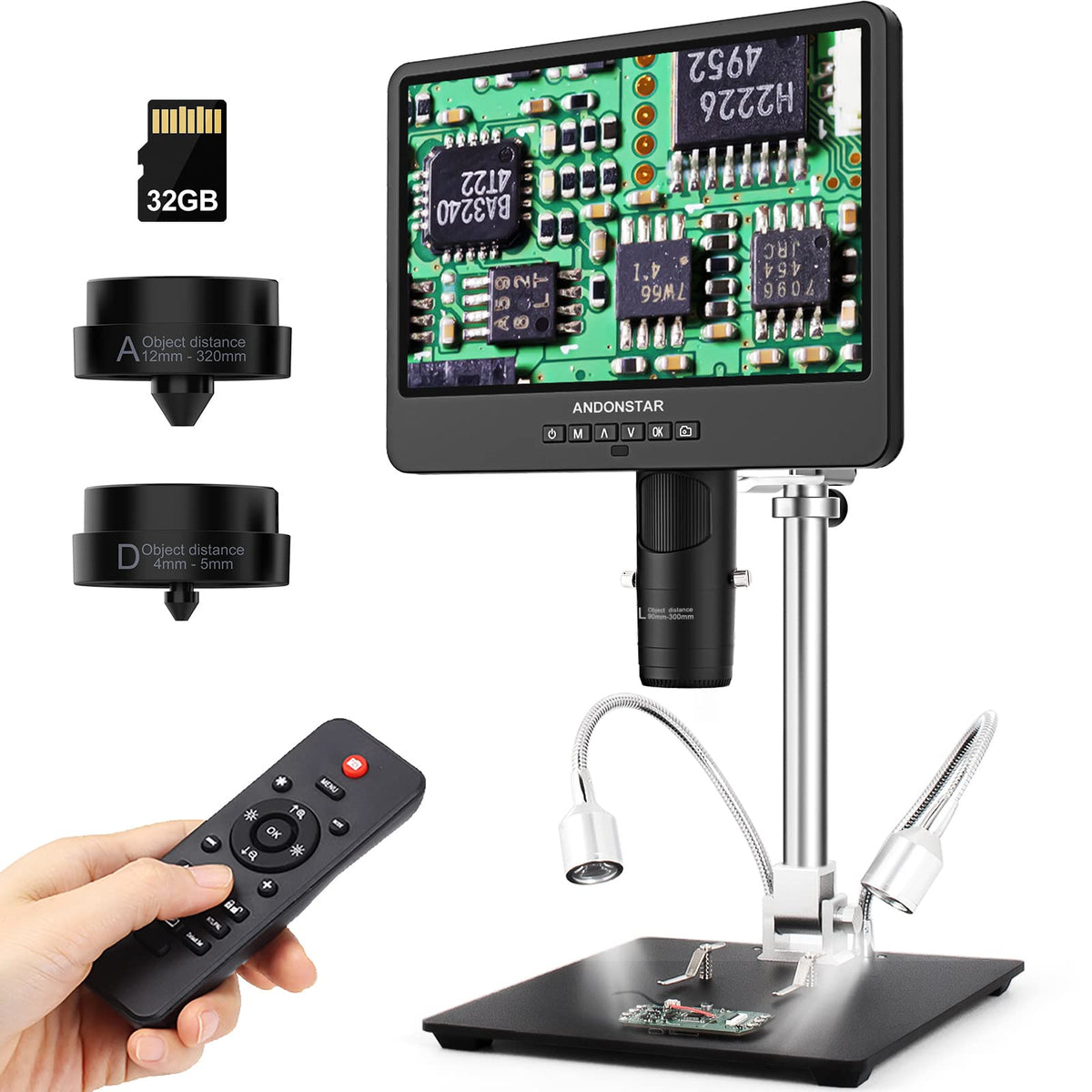 Andonstar Ad249S M 10.1 Inch Hdmi Digital Coin Microscope 2000X For Adults, 3 Lens 2160P Uhd Video Record, Soldering / Biological Microscope Kit With 32G Card, Windows Compatible