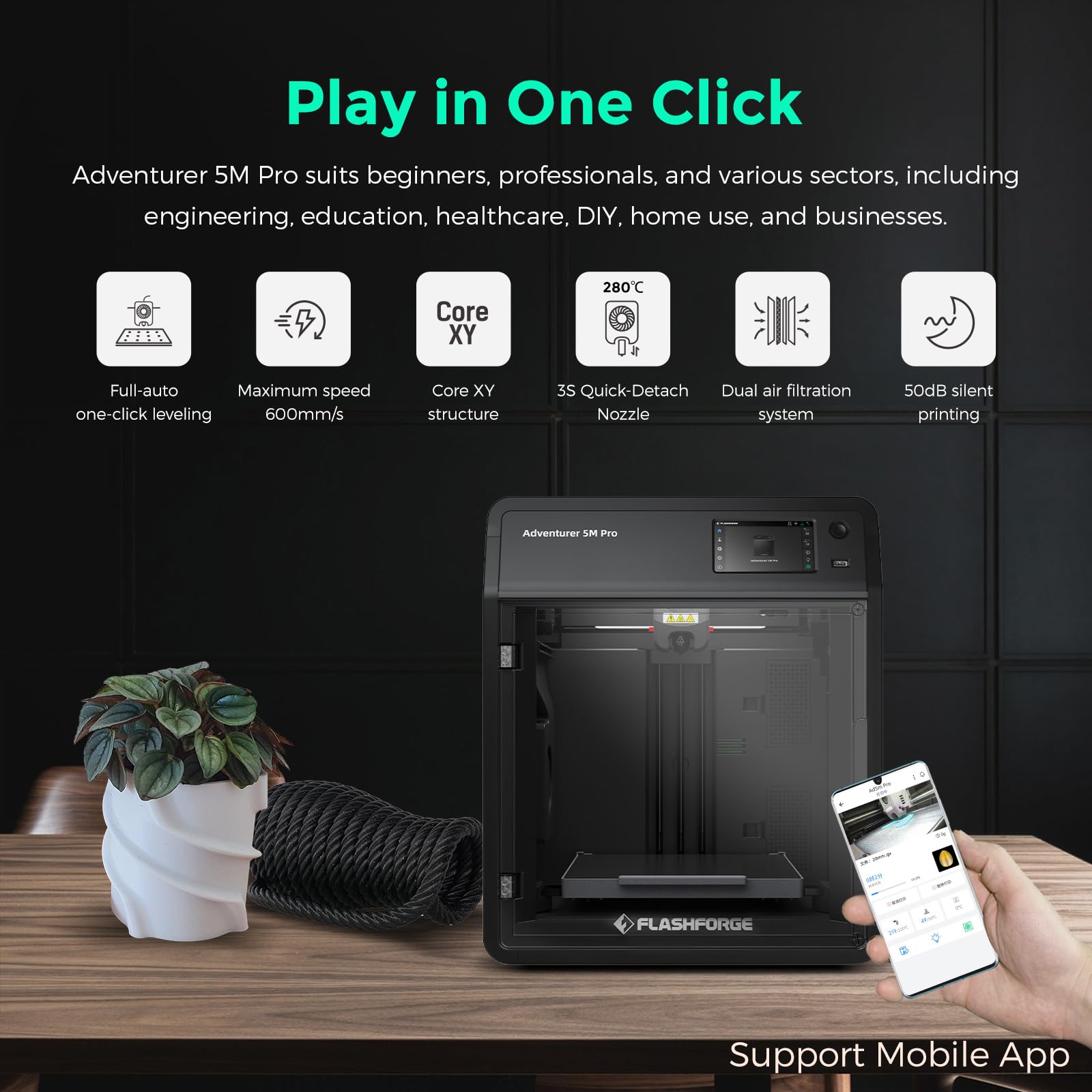 Flashforge Adventurer 5M Pro 3D Printer With 1 Click Auto Printing System, 600Mm/S High Speed, Quick Detachable 280C Nozzle, Cor