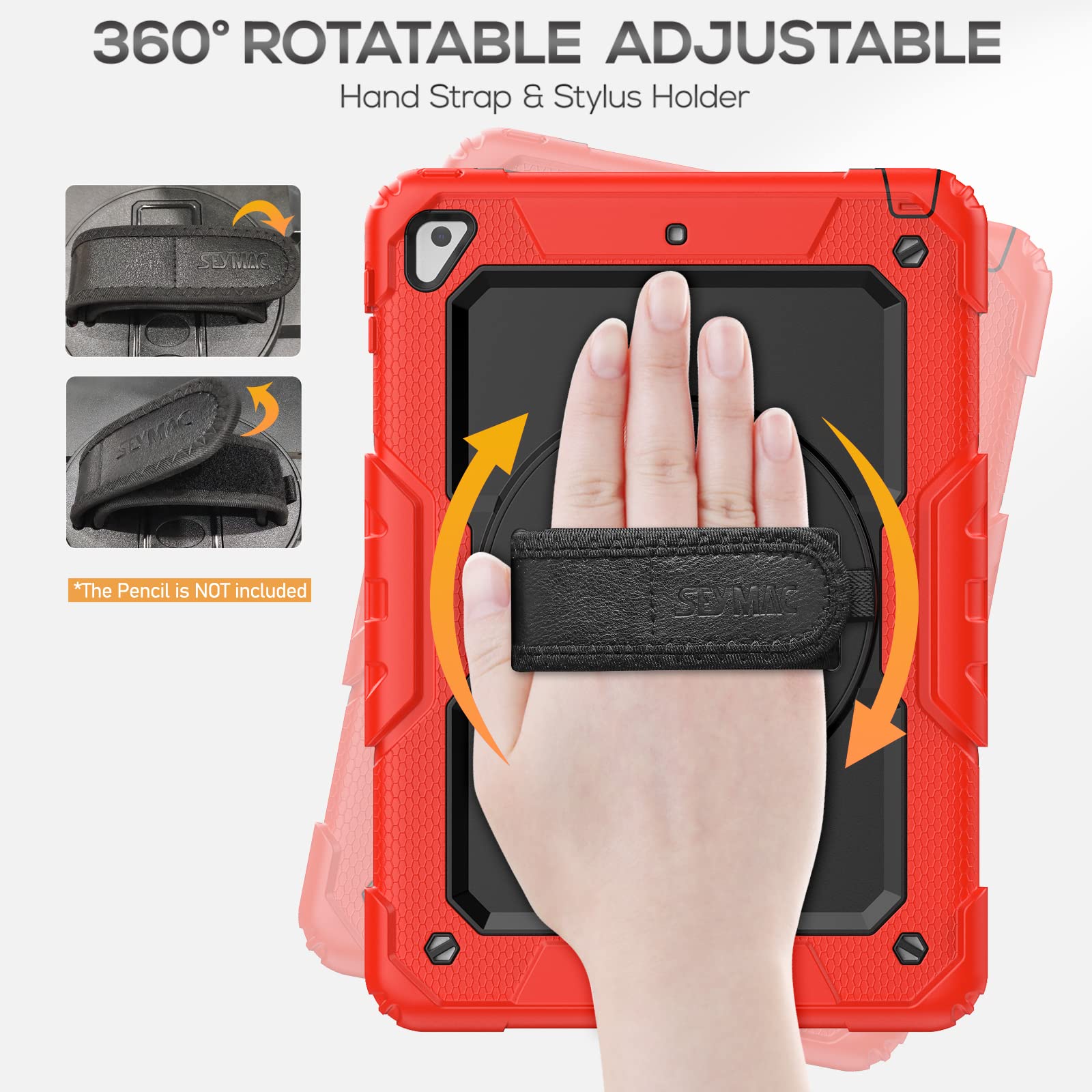 Seymac Case For Ipad 6Th/5Th Generation Case 9.7 Inch, Full Body Shockproof Heavy Duty Protective Case With Screen Protector, Rotating Stand/Hand/Shoulder Strap For Ipad Air 2/ Pro 9.7, Red