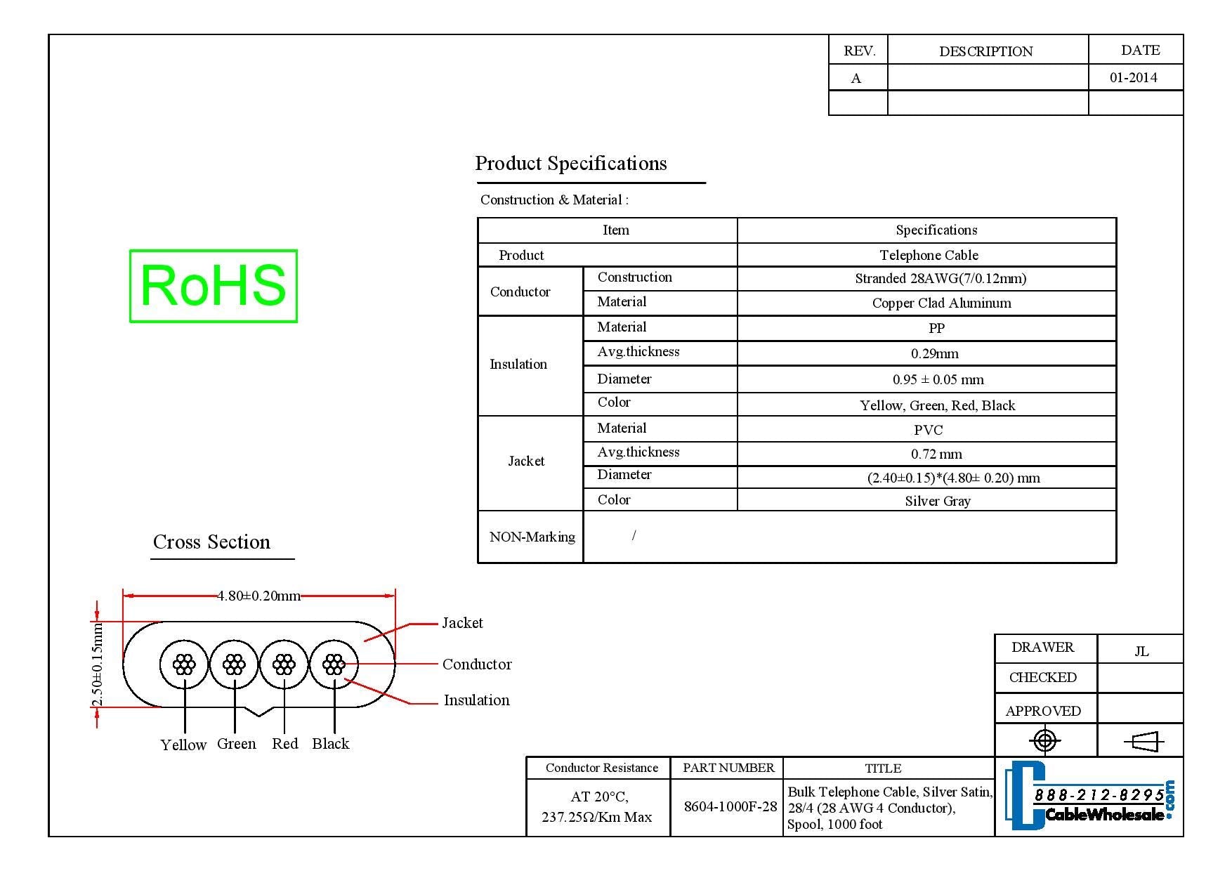 1000 Feet Bulk Telephone Cord, Silver Satin, 28/4 (28 Awg 4 Conductor), Telephone Cable Spool, Bulk Telephone Wire, Cablewholesa