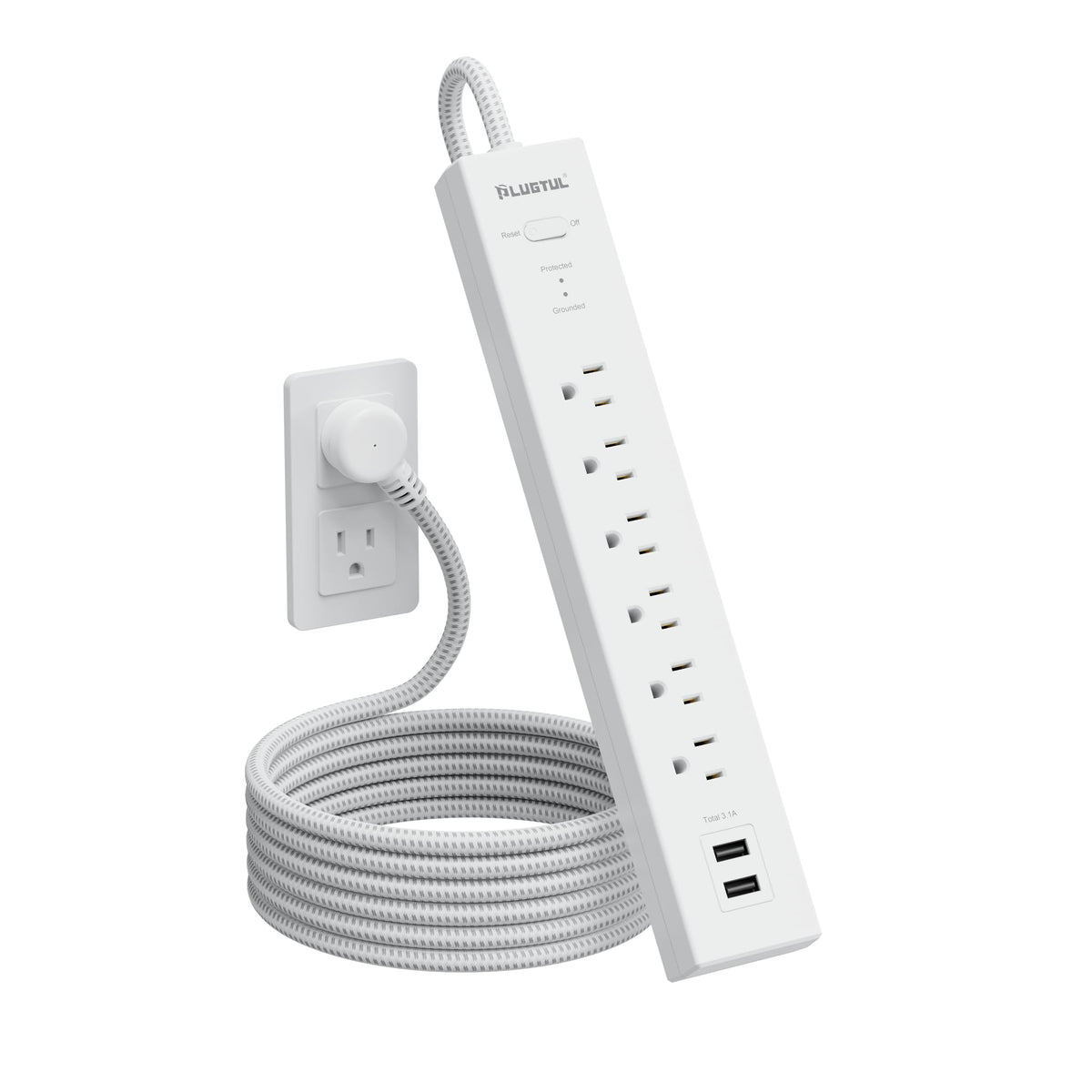 Plugtul Surge Protector Power Strip With Usb Ports   6Ft Extension Cord With Multiple Outlets, Flat Plug, Wall Mount, 2 Usb A, 9