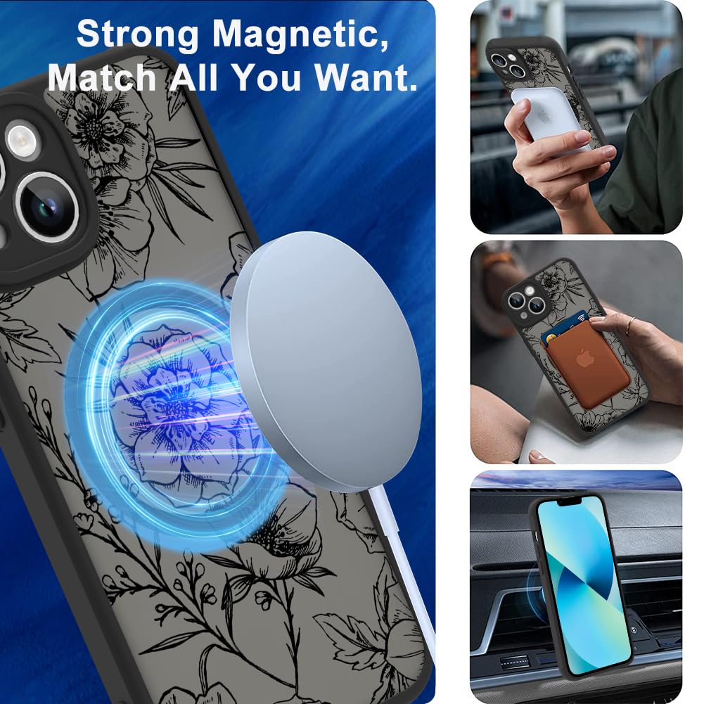 Ook Magnetic For Iphone 13 Case Black Flower Floral Pattern [Compatible With Magsafe] Slim Translucent Matte Camera Lens Protect
