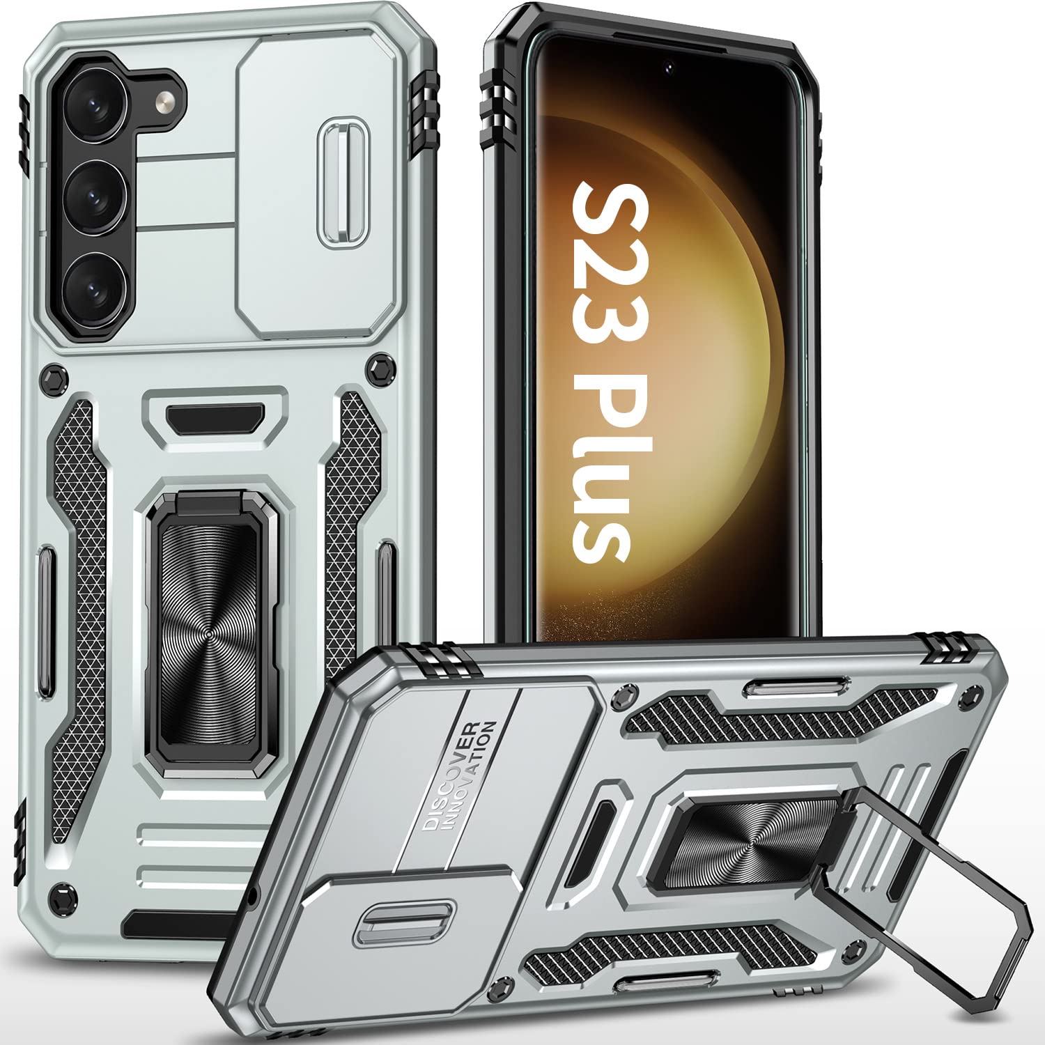 SEFING Samsung Galaxy S23 Plus Phone Case Slide Camera Cover 360° Kickstand Magnetic Car Mount Military Grade TPU Black