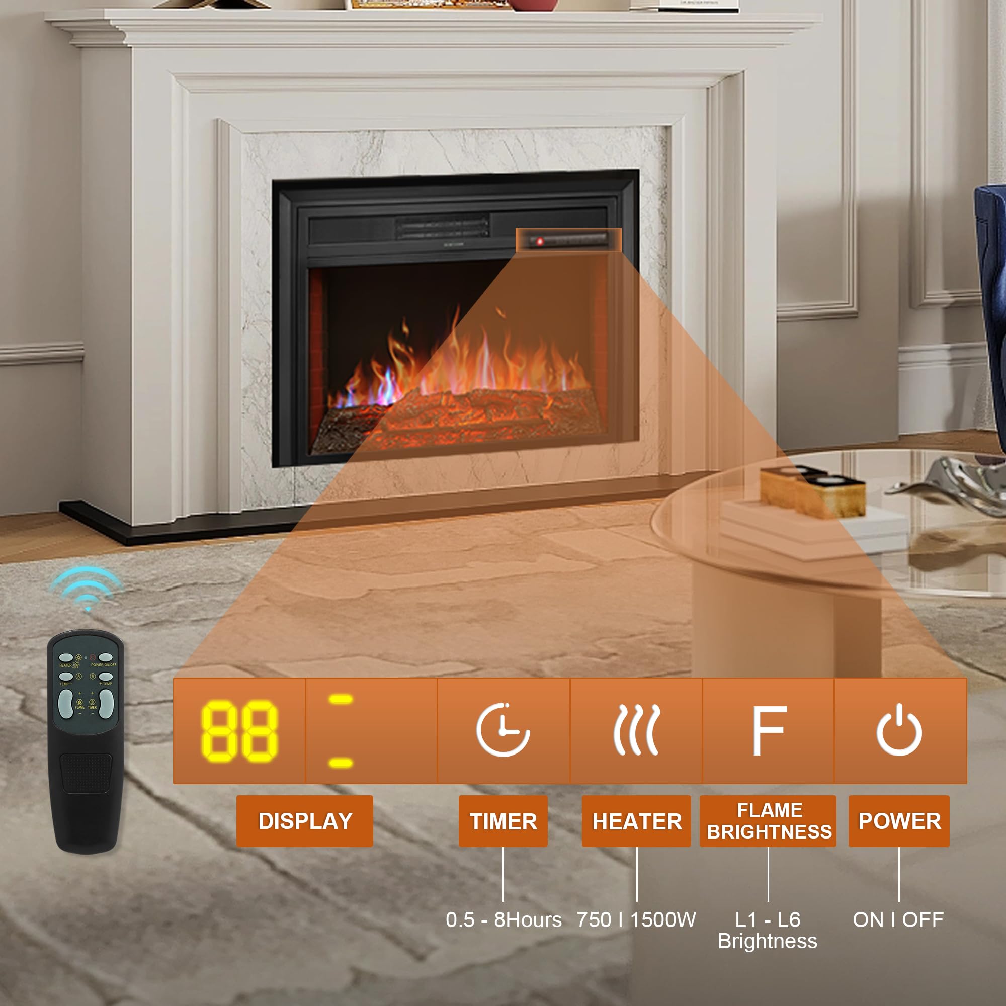 28'' Electric Fireplace Inserts Heater   Recessed Fire Places Electric Fireplace Insert With Remote Control, 8H Timer, 6 Brightn