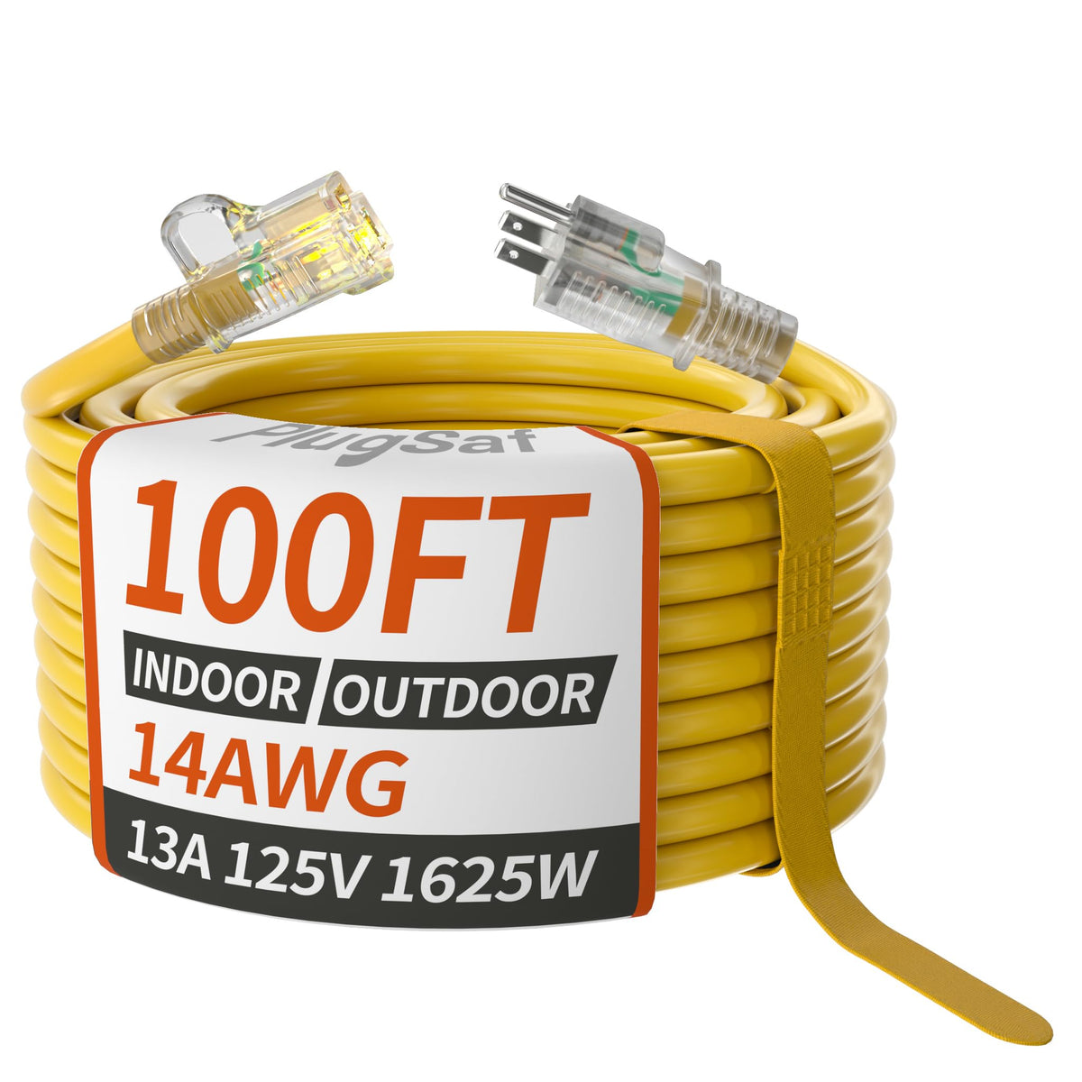Plugsaf 14/3 Gauge Yellow Outdoor Extension Cord 100 Ft Waterproof With Lighted Indicator, Cold Weatherproof  40C, Flexible 3 Pr
