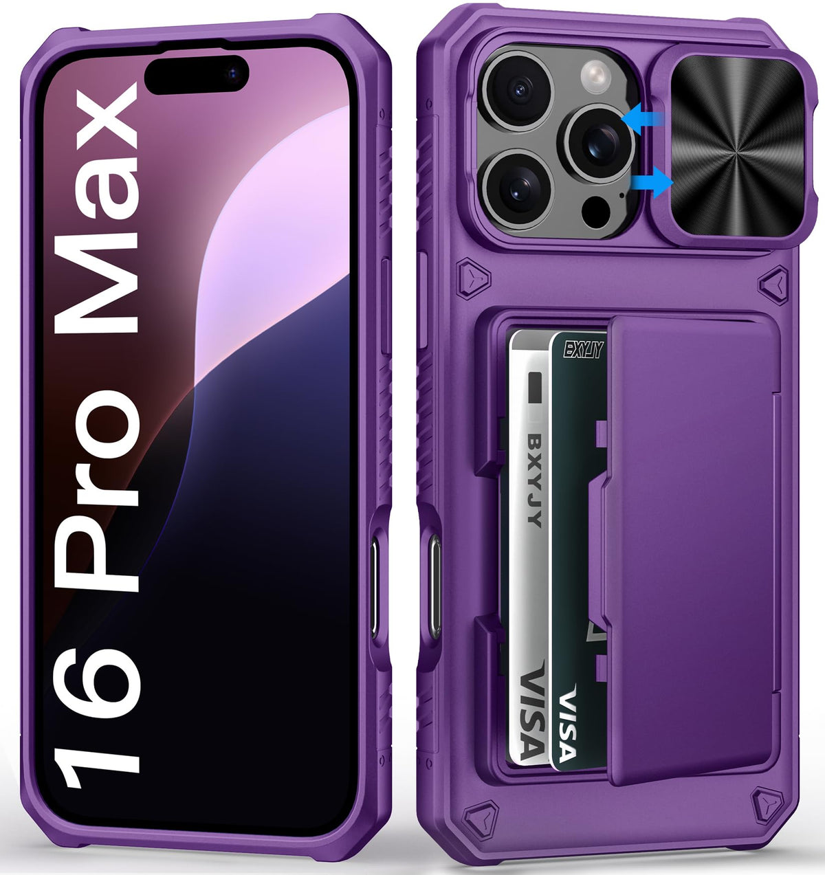 Bxyjy For Iphone 16 Pro Max Wallet Case With Camera Cover, Built In Card Holder (4 5 Cards), Military Grade Protection, Heavy Du