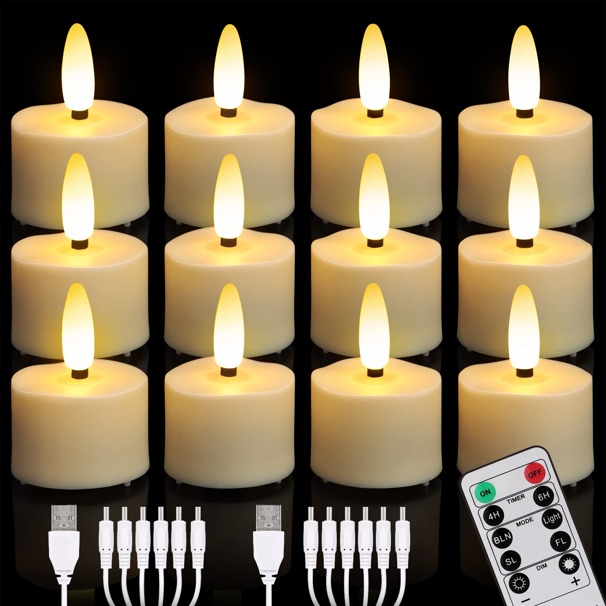 Daord Usb Rechargeable 3D Wicks Tealights Candle Flameless Flickering Battery Operated With Remote Control & Timer Realistic Led