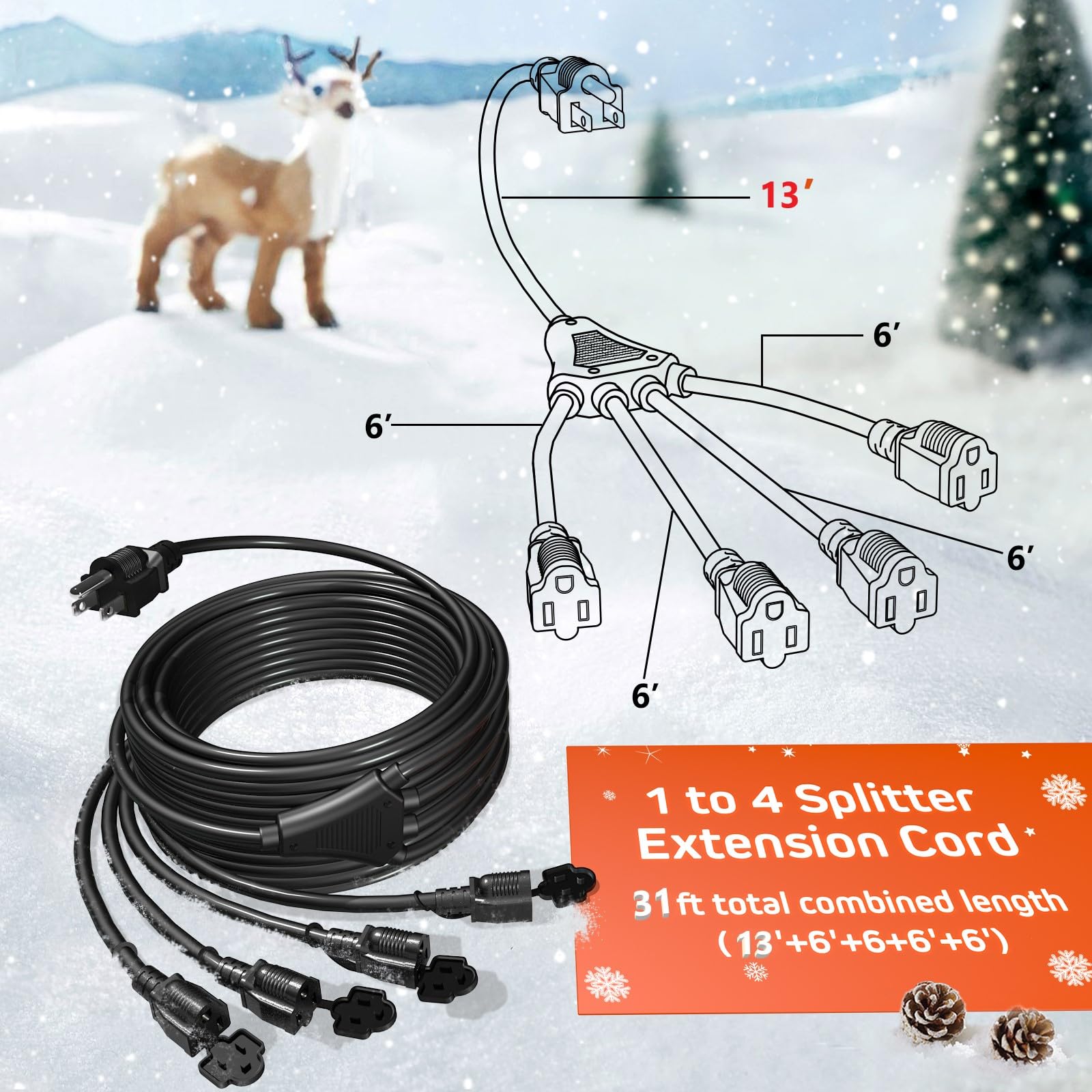 Eversimpleinc Black 1 To 4 Splitter Extension Cord (Combined 31 Ft, End To End 13 Ft), 3 Prong Plug With 4 Extended Outlets, Wit