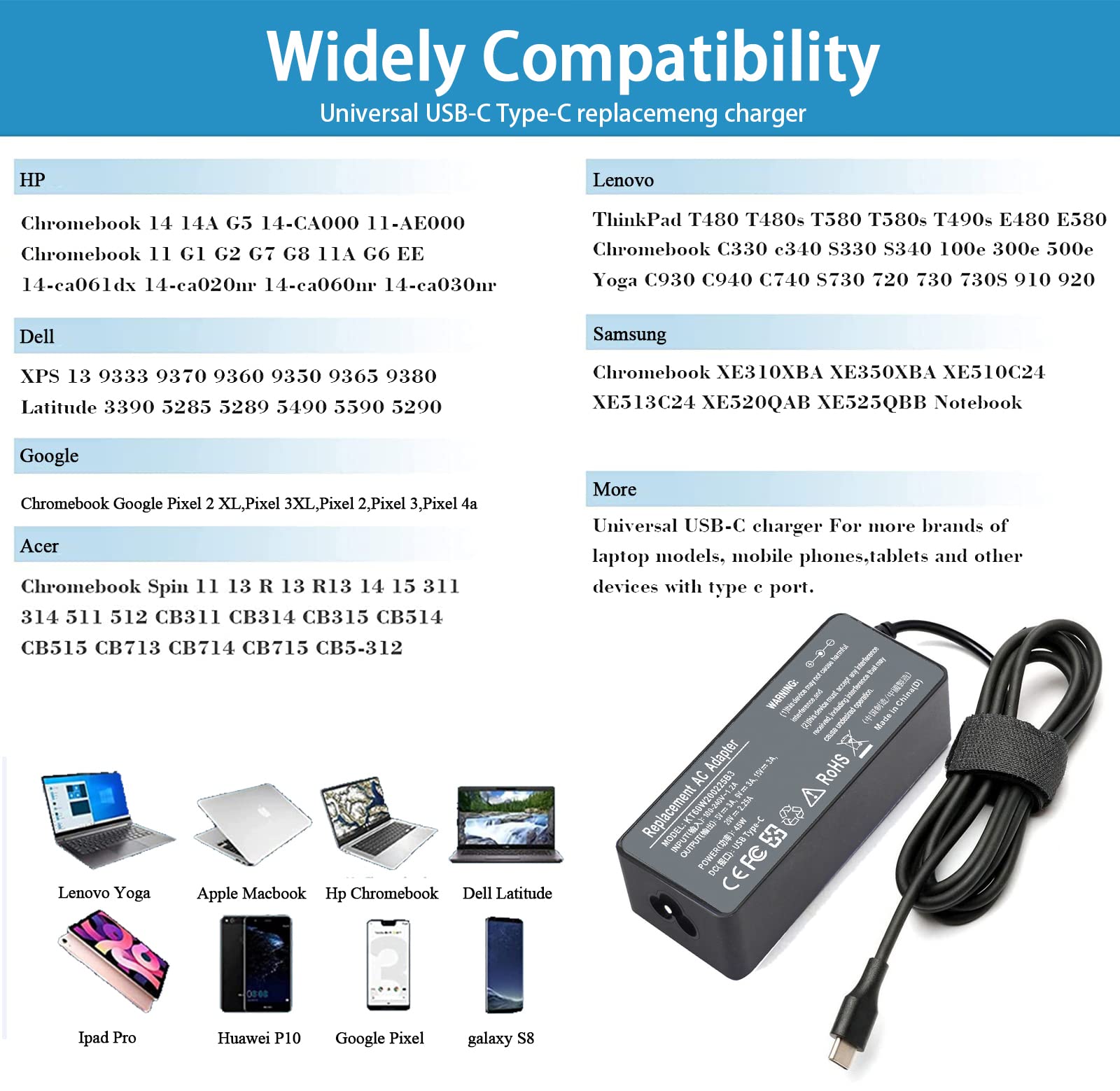 45W Usb C Charger For Lenovo Chromebook 100E 300E 500E C330 S330 C340 S340 Dell Chromebook 3100 5190 Samsung Chromebook Xe520Qab