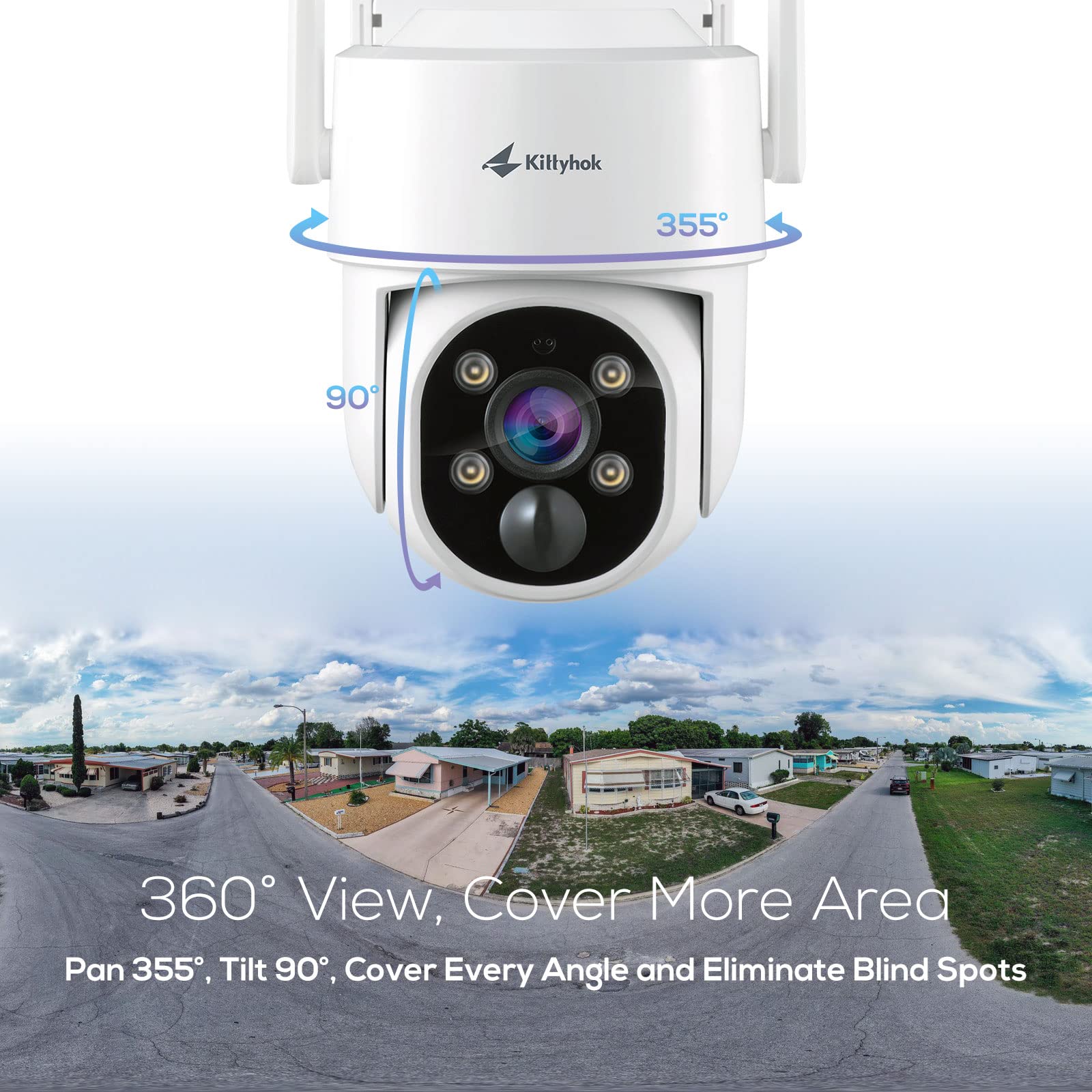 Kittyhok 360° Pan & Tilt Solar Security Camera, 2K Clarity, Color Night Vision, WiFi6, 64GB microSD, White PT Kit