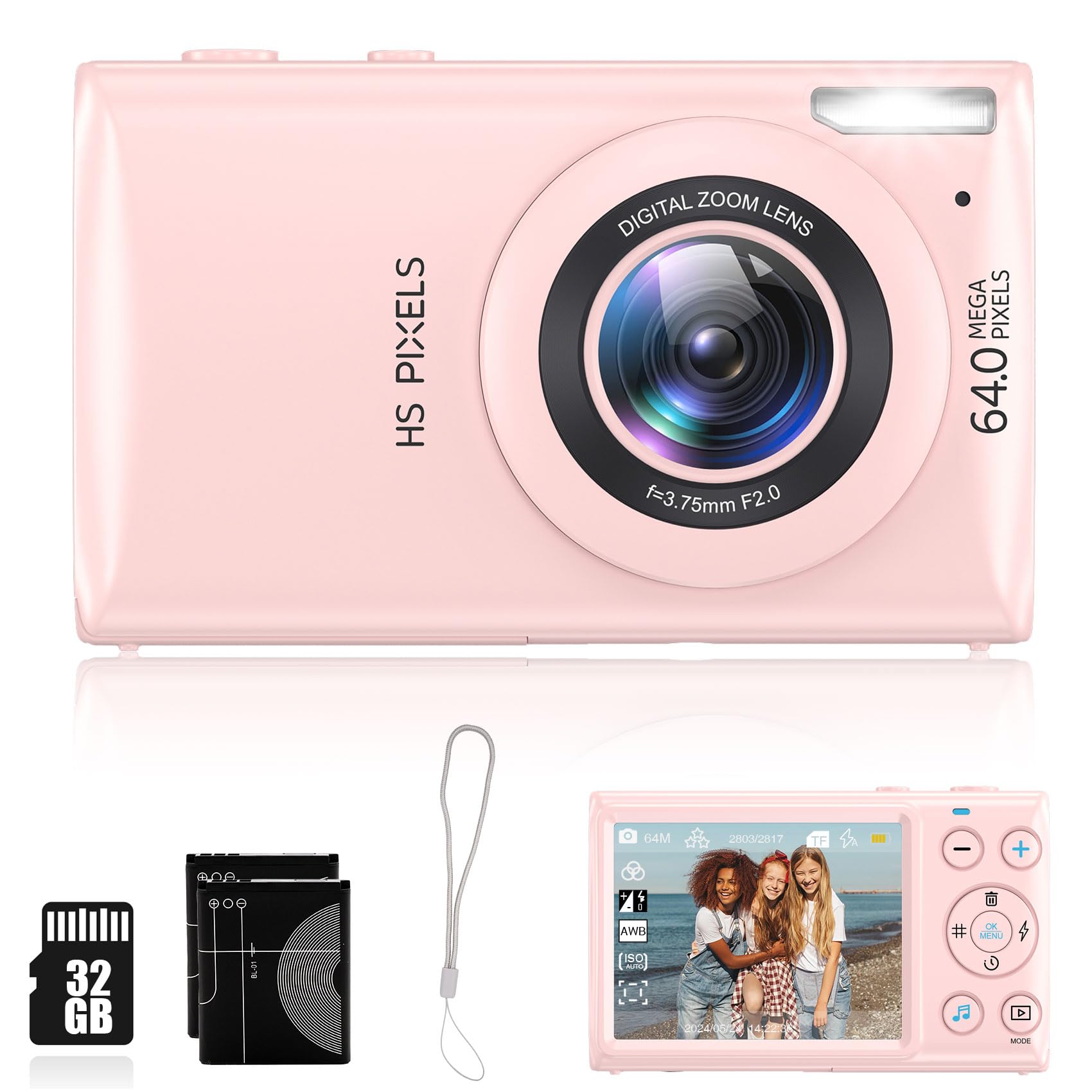 Digital Camera Pink, 4K Vlogging Camera, Vintage Camera, Autofocus 64Mp 18X Digital Zoom Compact Point And Shoot Digital Cameras