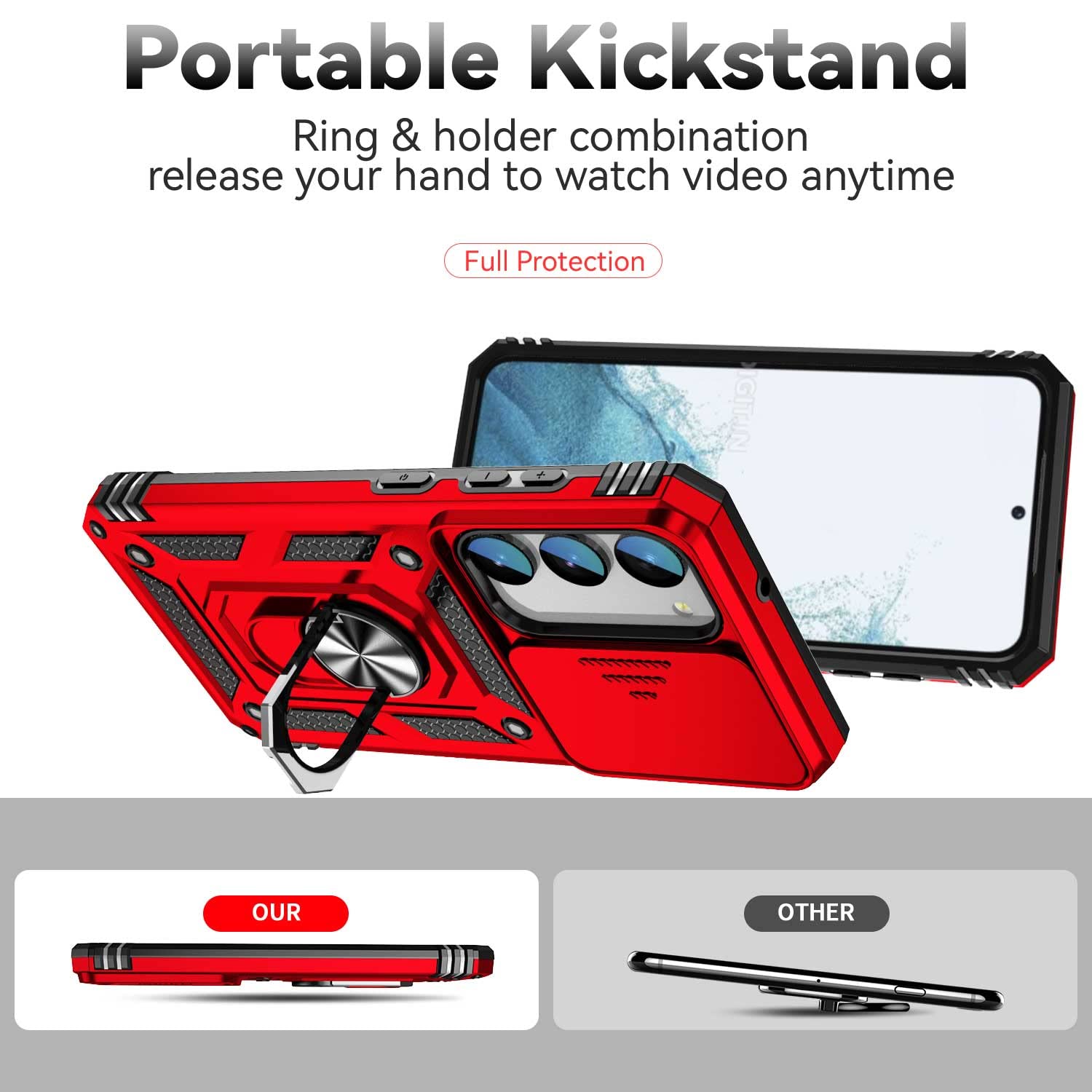 Sunstory For Samsung Galaxy S23 Case With Hd Screen Protector & Slide Camera Cover & Rotated Ring Kickstand, [Military Grade] [2