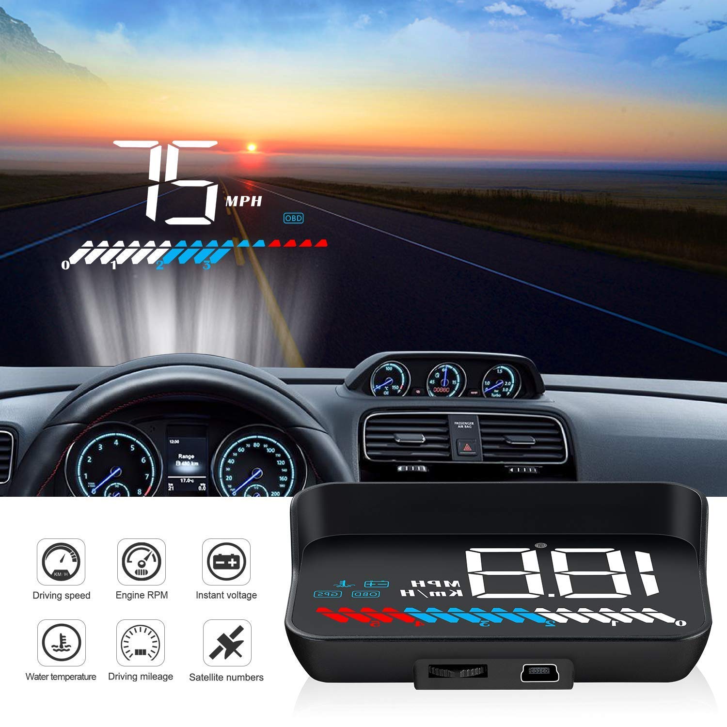 Acecar Head Up Display Car Universal Dual System 3.5 Inches Hud, Speedometer Obd2 Gps Interface, Speed, Engine Rpm, Overspeed Wa