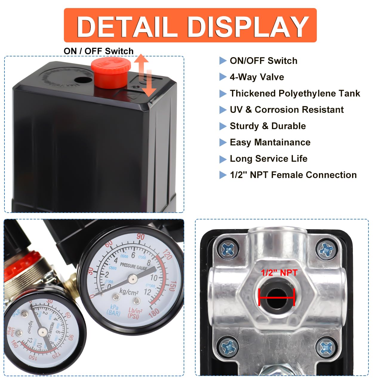 Air Compressor Pressure Switch, 90 120 Psi Pressure Switch For Air Compressor,Heavy Duty 4 Way Pressure Switch With 0 180 Psi Ai