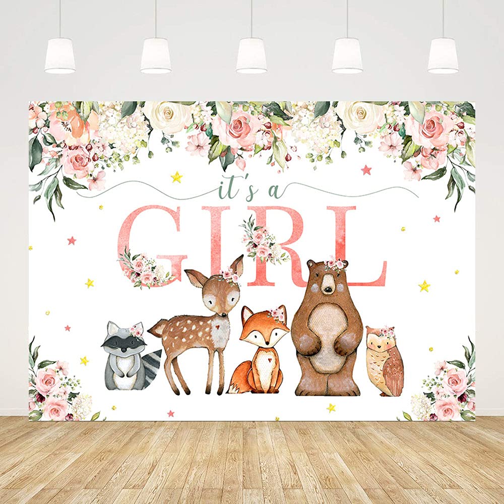 Ablin 7X5Ft Woodland Baby Shower Backdrop For Girls Pink Flowers Photography Background Woodland Animals Baby Shower Decorations