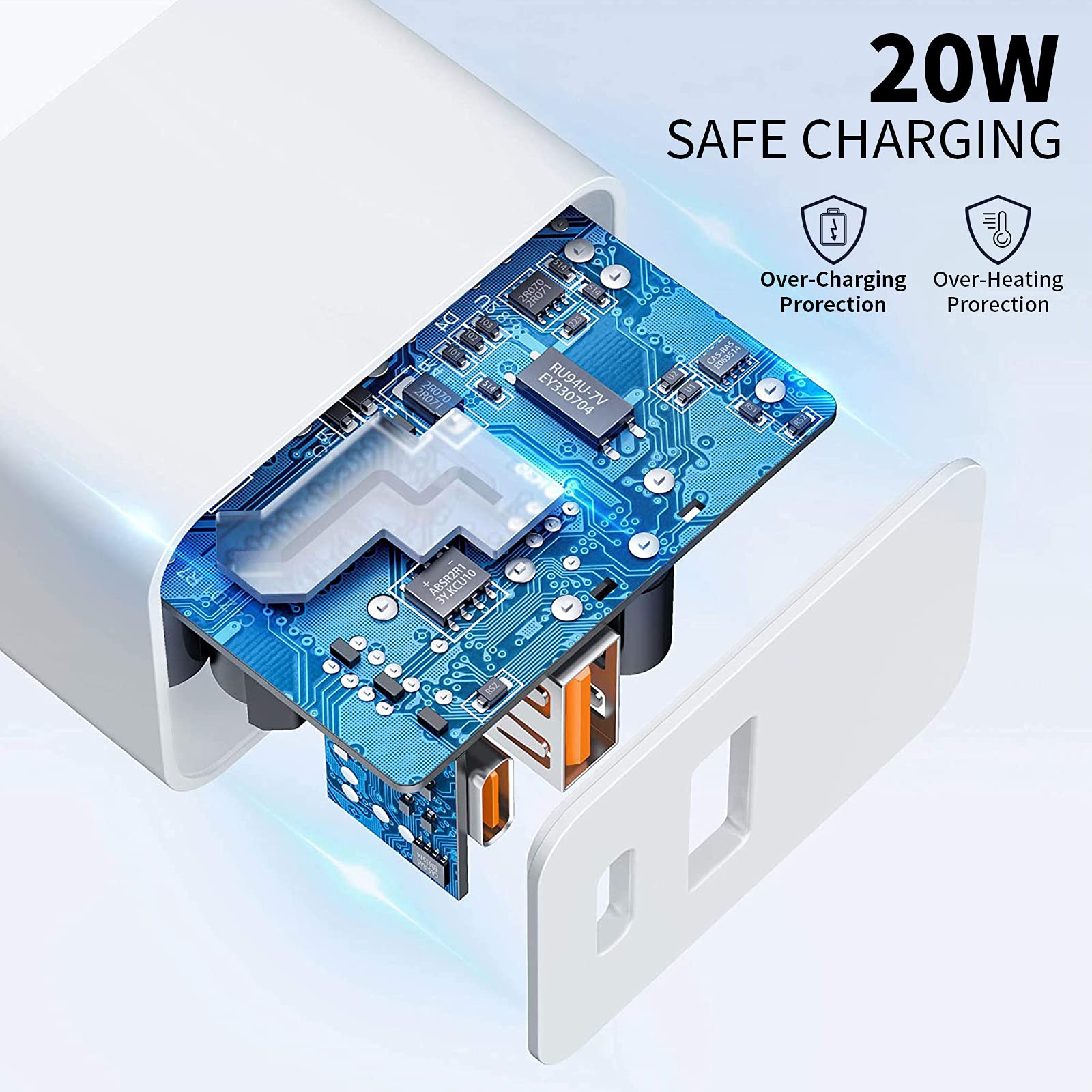 Iphone Fast Charger, [Apple Mfi Certified] Esbeecables 20W Dual Port Pd3.0 Usb-C + Qc3.0 Usb-A Rapid Wall Charger With 2X 6Ft Li