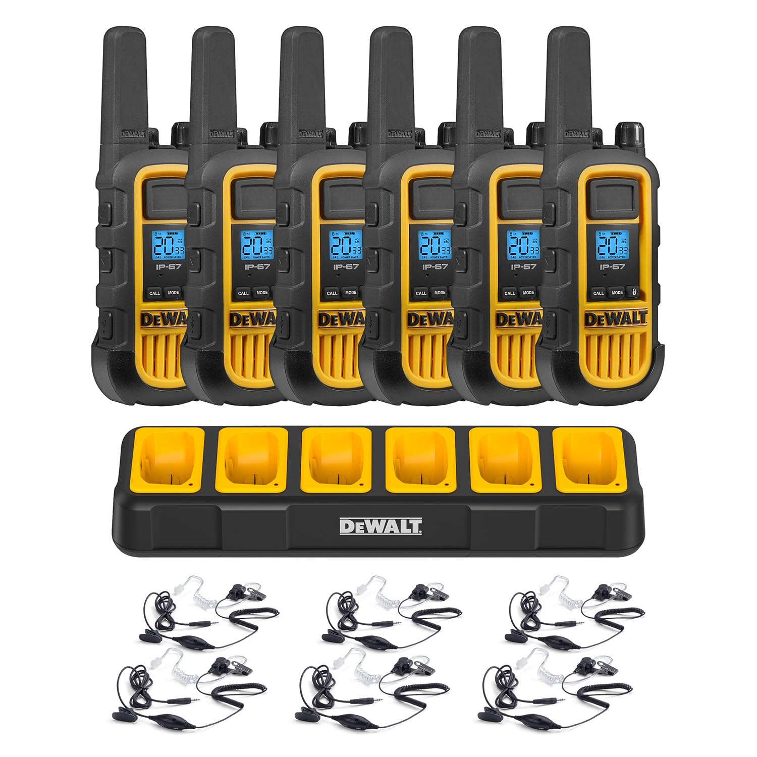 Dewalt Dxfrs800 Bundle 2W Walkie Talkies Heavy Duty Business Two Way Radios, 6 Pack With 6 Headsets Plus Gang Charger (Dxfrs800Bch6 Sv1)