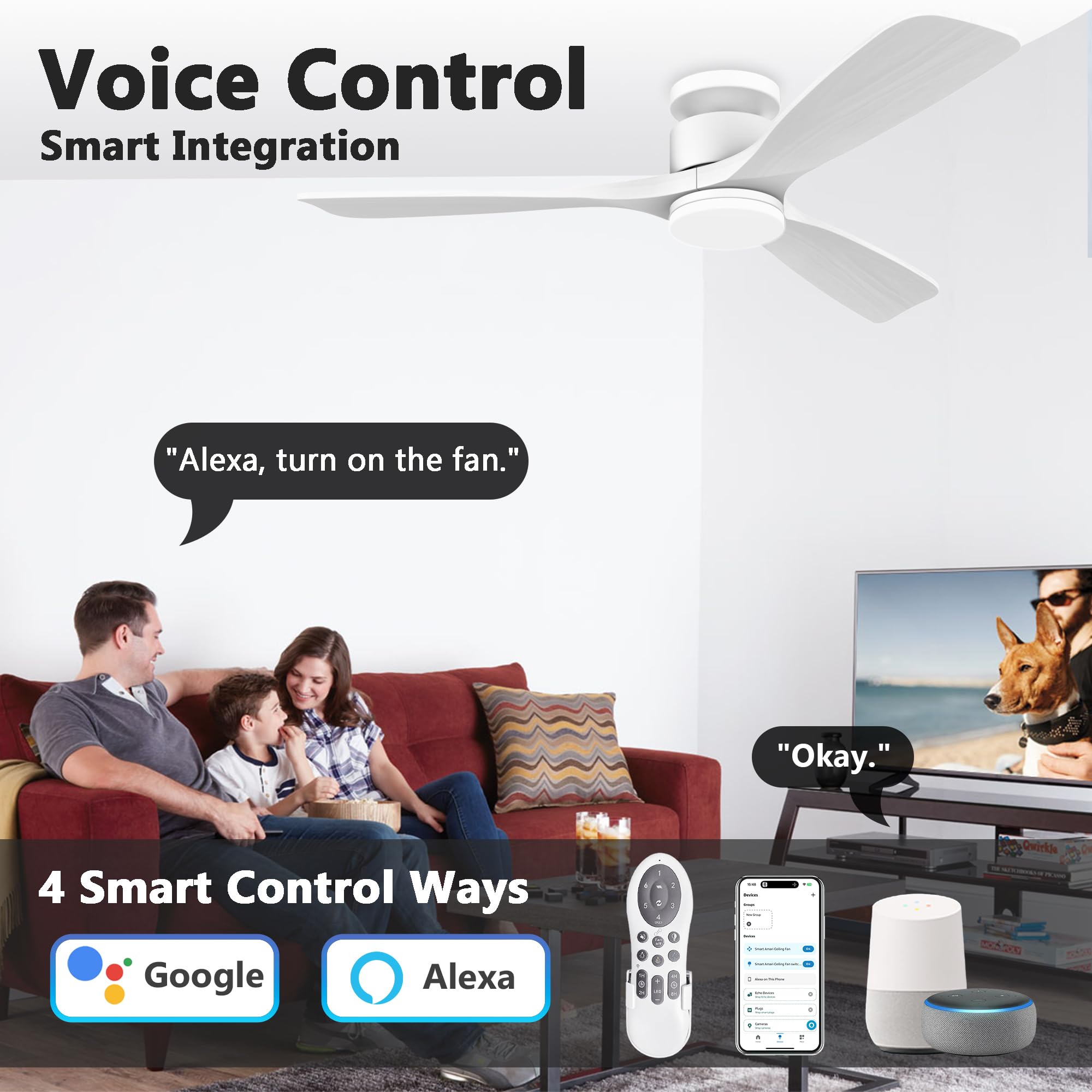 52 Inch Smart Low Profile Ceiling Fans,Solid Wood Outdoor Indoor Ceiling Fan With Lights Remote,Wifi Alexa App Control,Quiet Dc