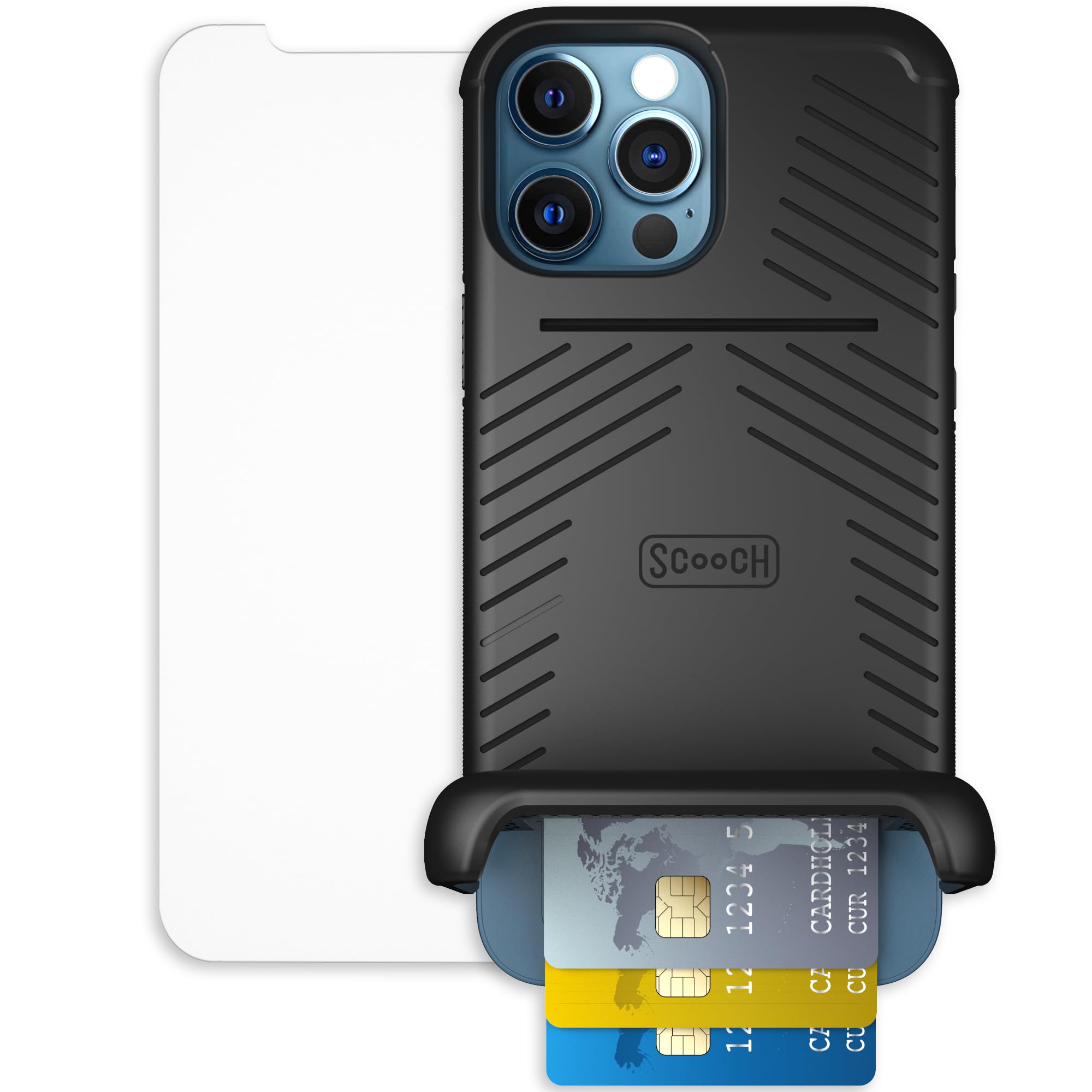 Scooch for iPhone 12 Pro Max Case with Card Holder, Wingmate Wallet Case Black, Bundled with Tempered Glass Screen Protector