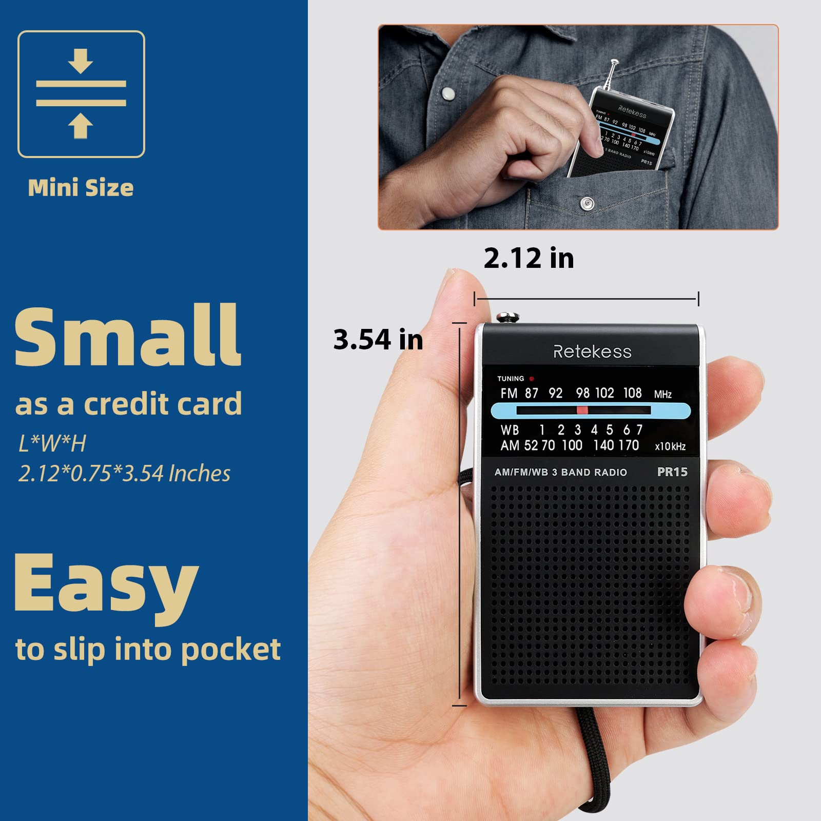 Retekess Pr15 Pocket Noaa Weather Radio, Am Fm Emergency Weather Radio Portable, Little Transistor Radios Powered By Aaa Battery For Walking, Camping (Silver Black)