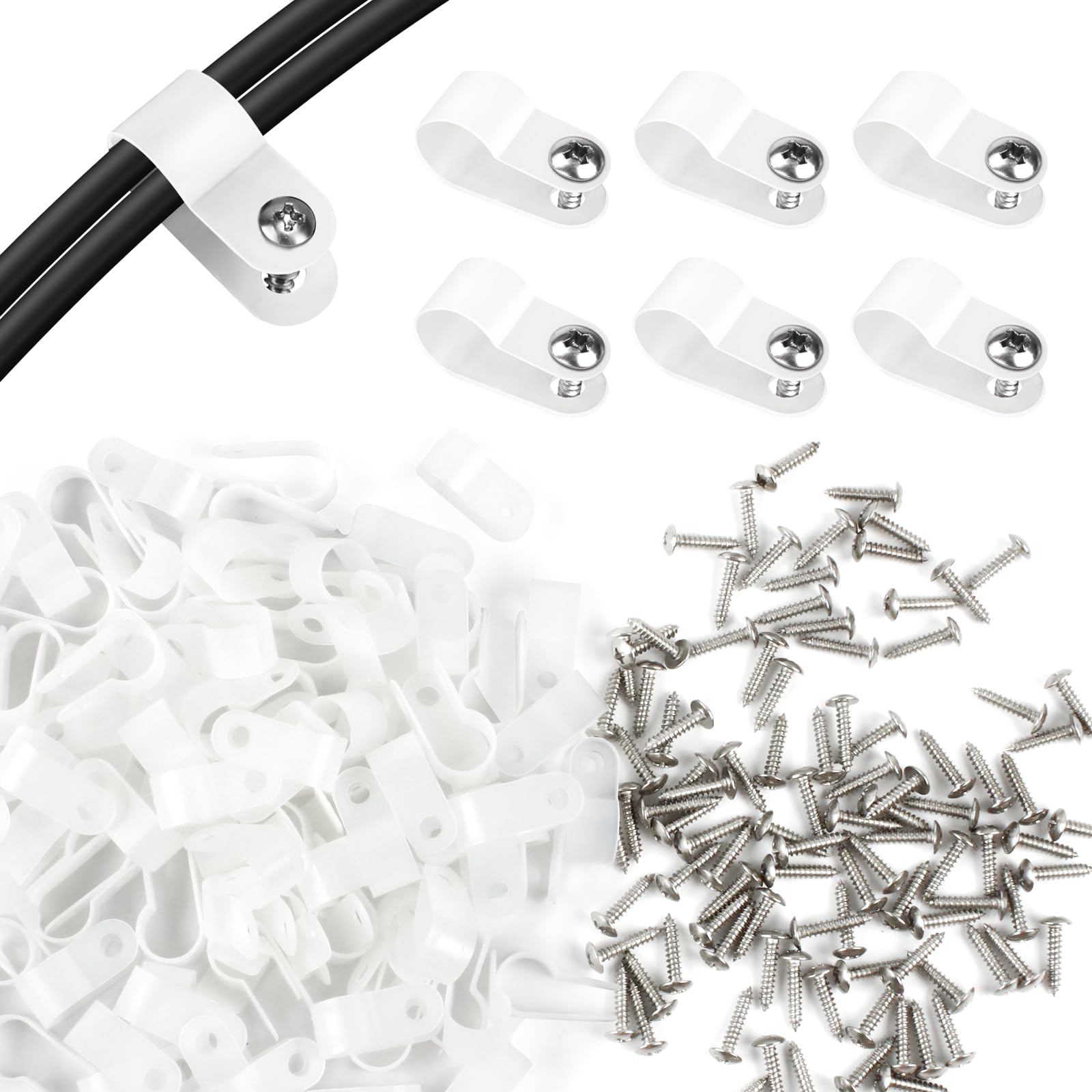 Rgbzone 120Pcs 3/8 Inch White R Type Cable Clips With Screws, Nylon Plastic Wire Clips For Indoor Outdoor Electrical Wire Cord M