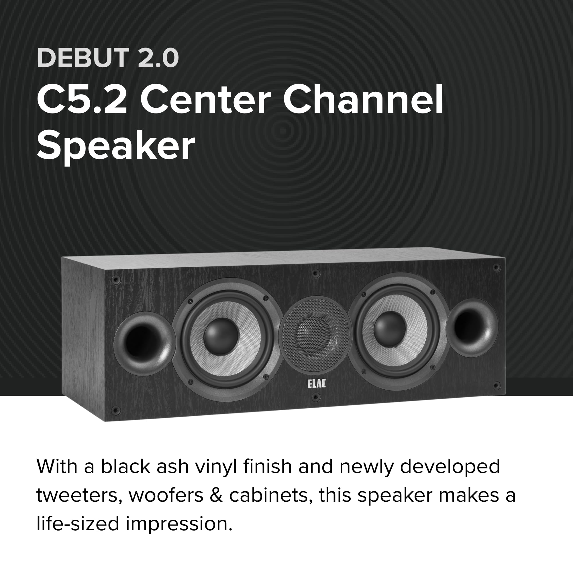 Elac Debut 2.0 C5.2 Center Channel Speaker, Black - 1    Cloth Dome Tweeter & Dual 5.25    Aramid Fiber Woofers - 2-Way Bass Ref