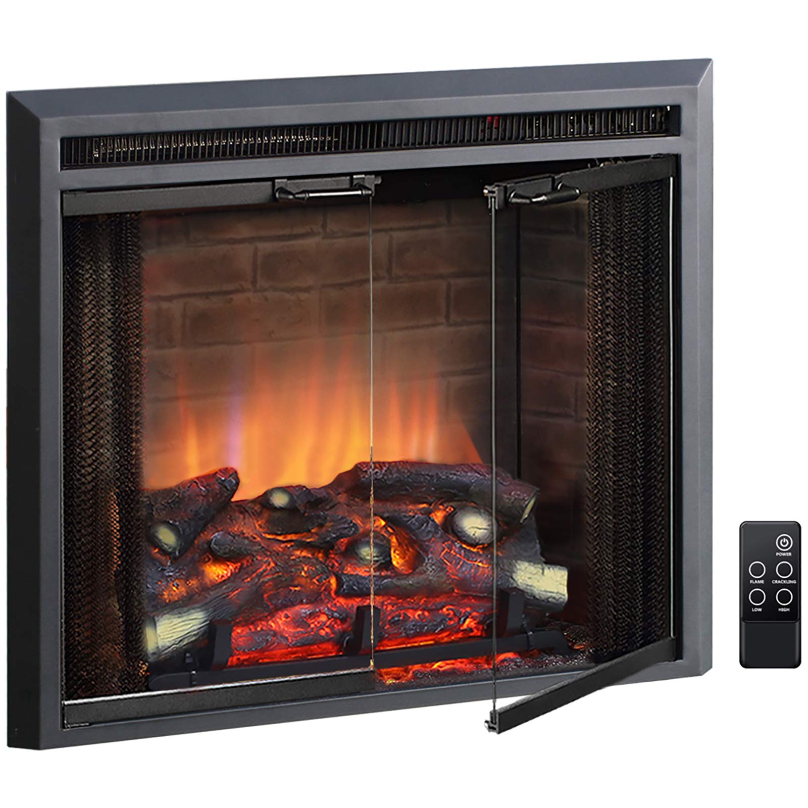 Puraflame Klaus Electric Fireplace Insert With Fire Crackling Sound Glass Door And Mesh Screen, 750/1500W, Black, 26 Inches Wide