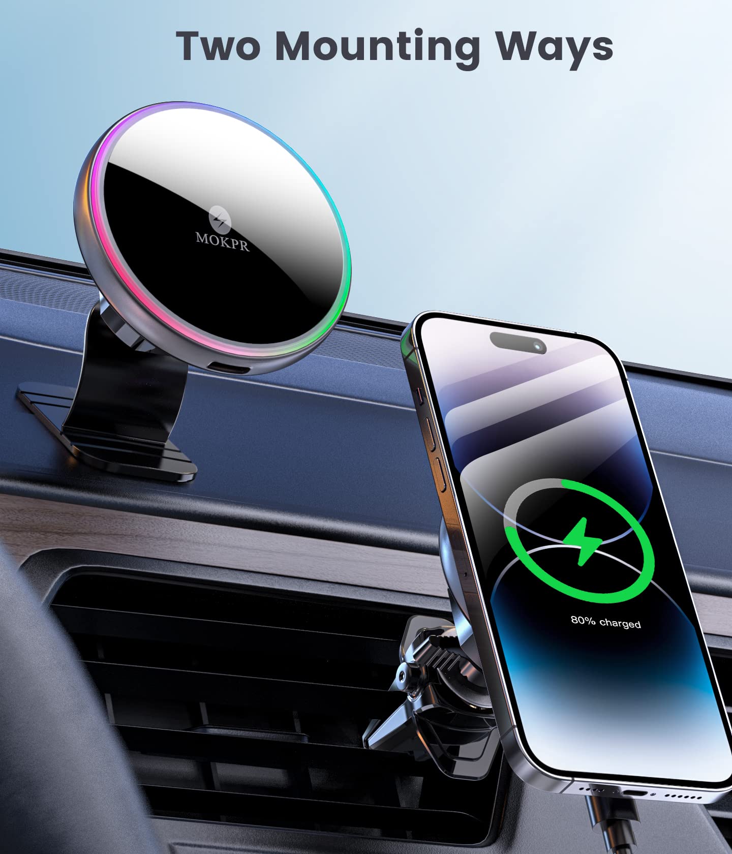 Mokpr For Magsafe Car Mount Charger-Wireless Car Charger-Magnetic Car Phone Holder For Dash Air Vent-Led Rgb Handsfree Car Mount