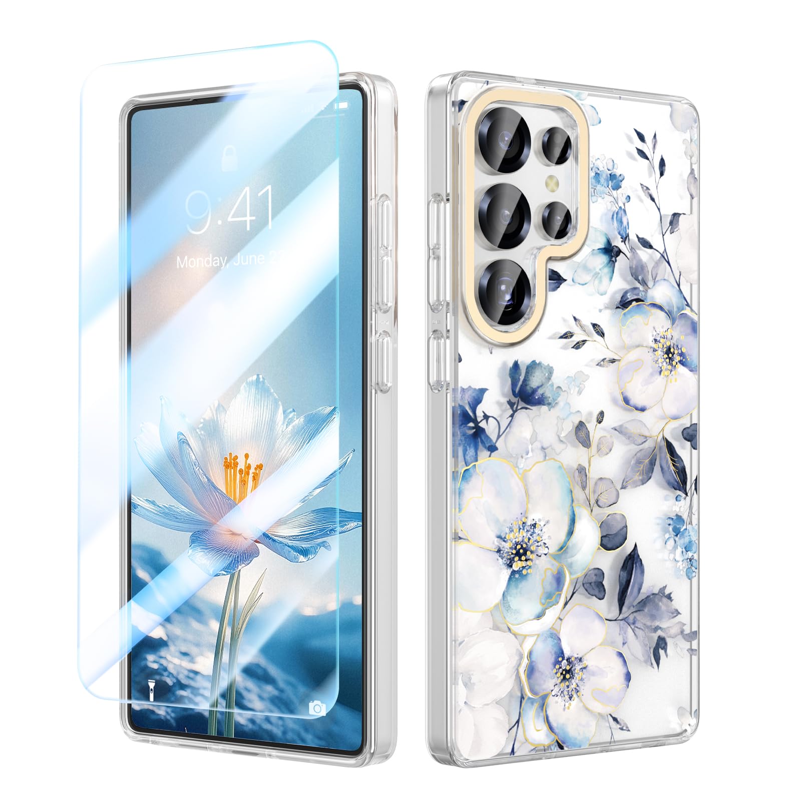MILPROX for Samsung Galaxy S26 Ultra Case 6.9 inch - Slim Fit Floral Cover, Elegant Feminine Gray Blue Flowers Design for Samsun