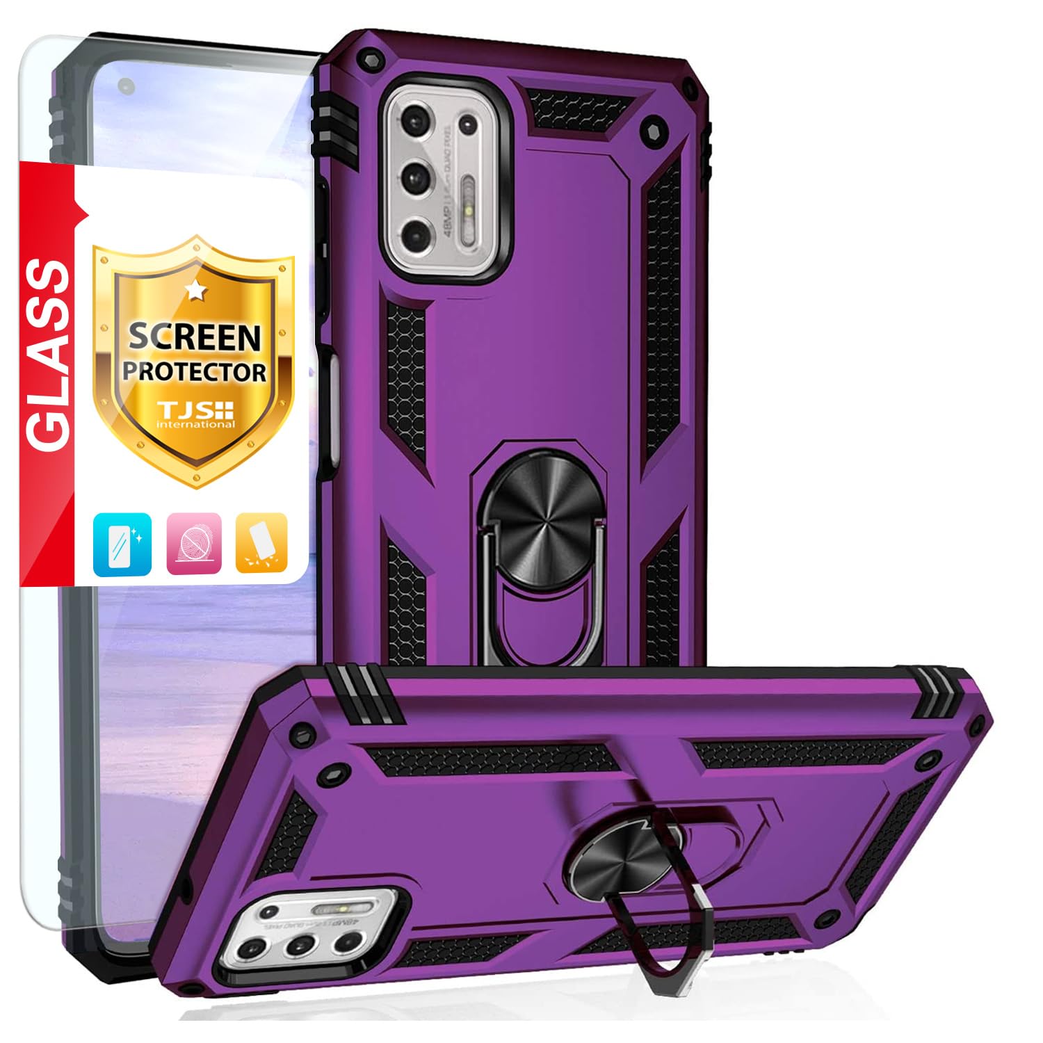 TJS Compatible with Motorola Moto G Stylus 2021 Case, with Tempered Glass Screen Protector, Metal Ring Kickstand Magnetic Suppor
