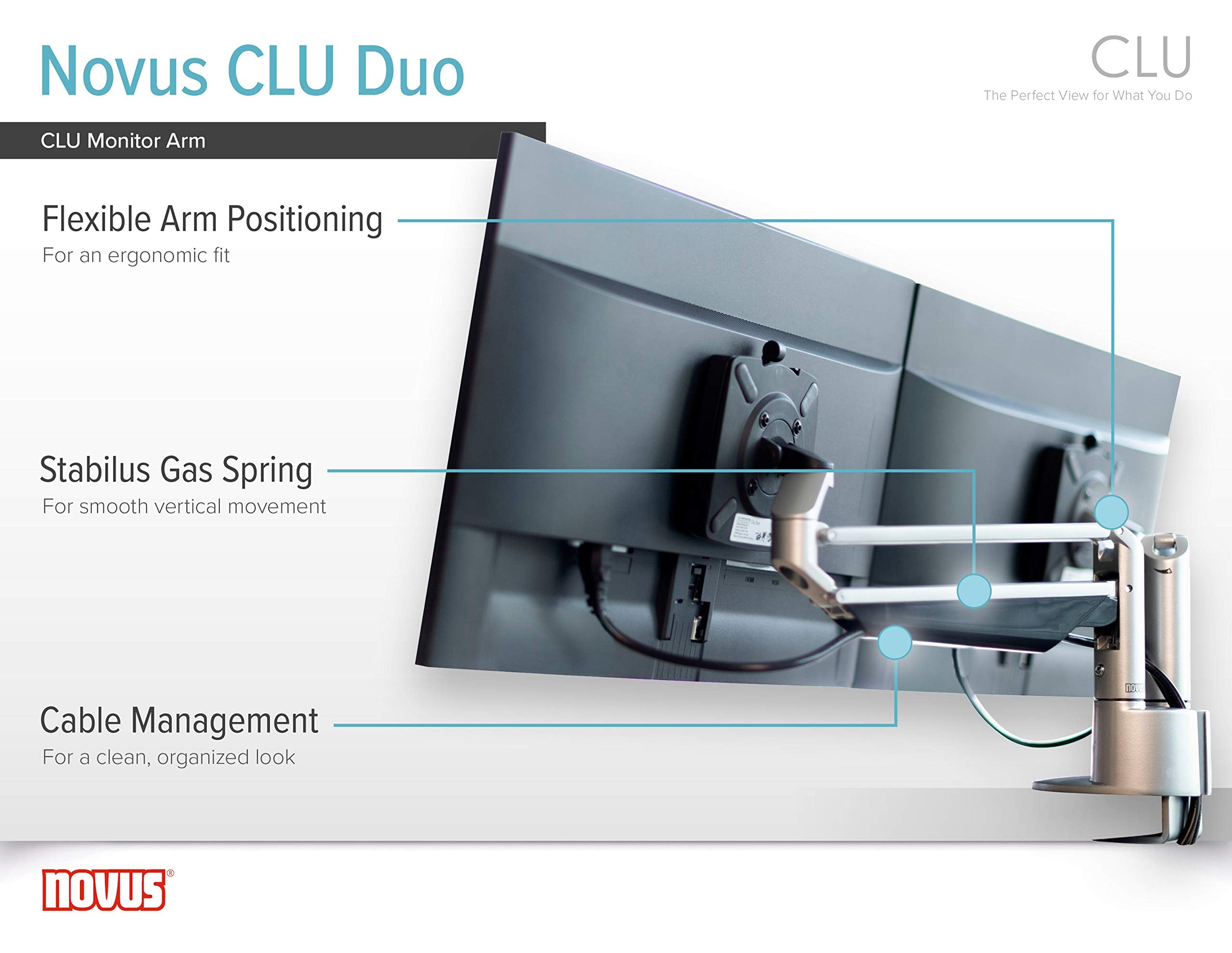 Novus Clu Duo Monitor Arm, Easily Align 2 Monitors, Adjustable For Comfortable Ergonomic Viewing, Gas Spring Stay Put Positionin