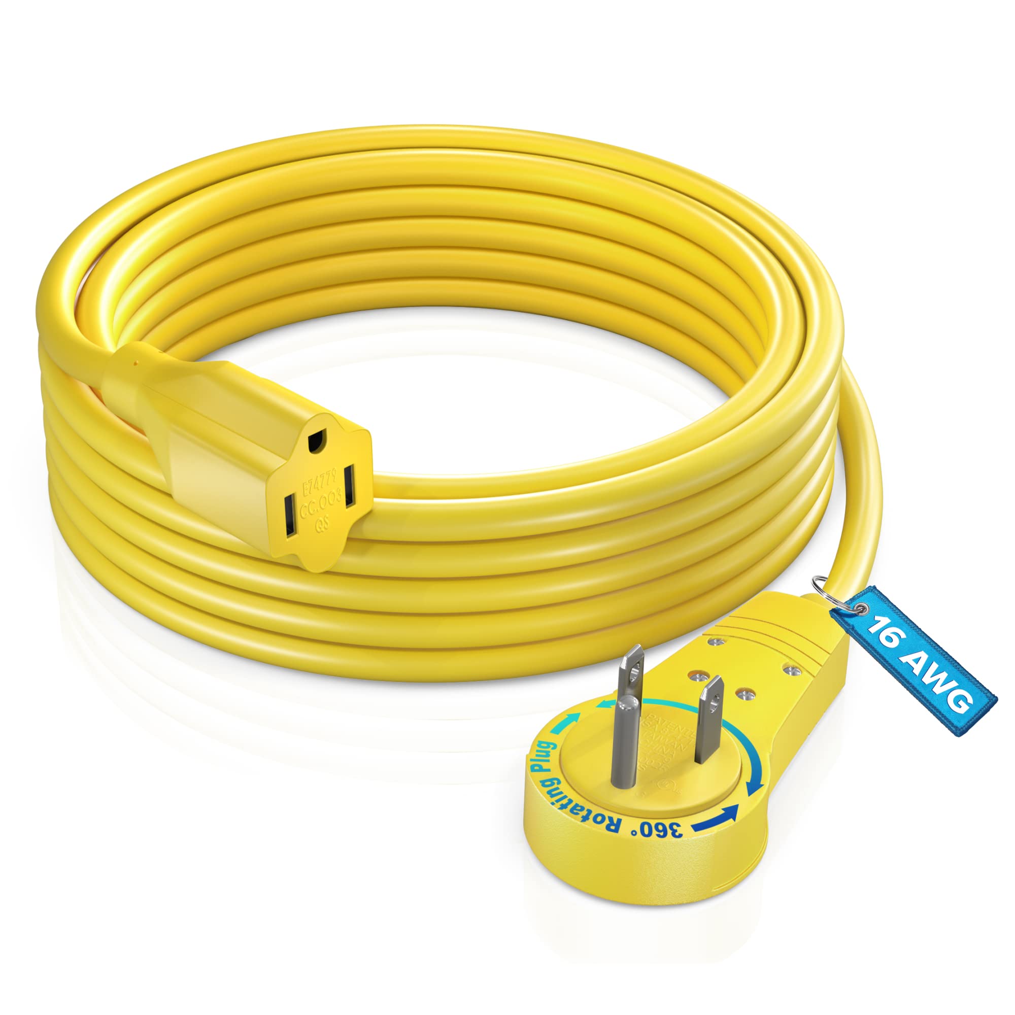 Maximm Cable 10 Feet 360 Rotating Flat Plug Extension Cord/Wire, 3 Prong Grounded Wire 16 Awg Power Cord - Yellow - UL Certified