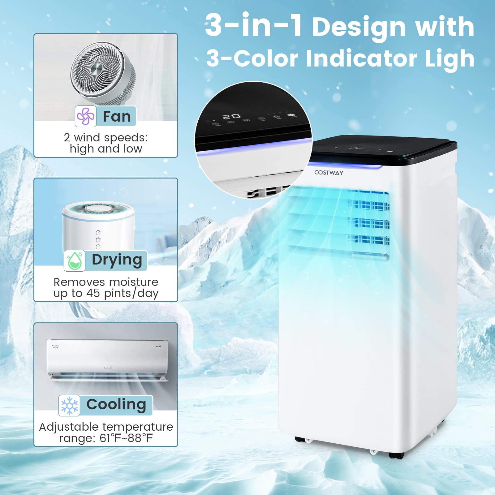 Costway Portable Air Conditioners, 8000 Btu Portable Ac Unit For Rooms Up To 300 Sq.Ft With Cool, Fan, Dry & Sleep Mode, Timer, Remote Control & Window Vent Kit, 3 In 1 Portable Ac For Bedroom, Office