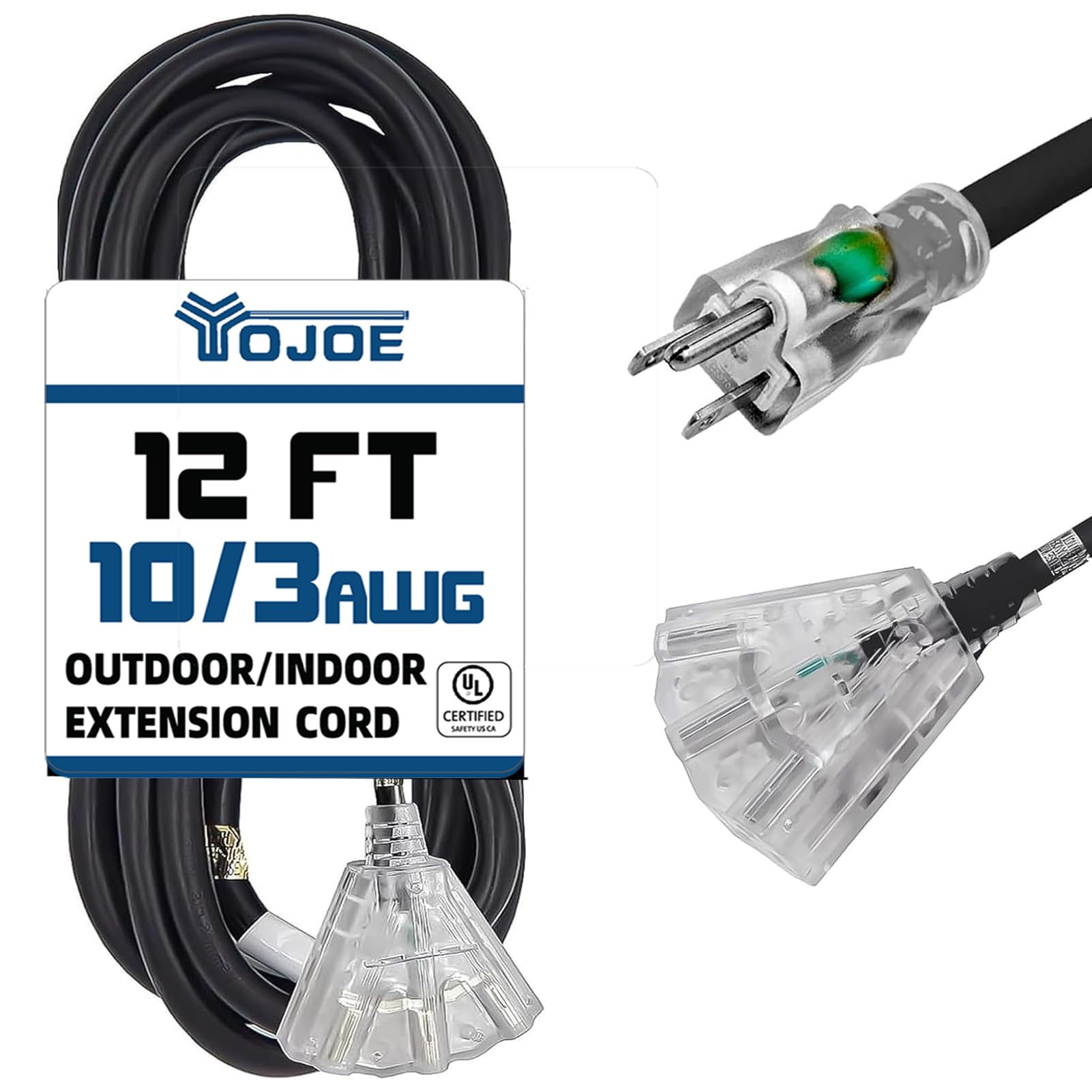Yojoe 3 Outlets Indoor Outdoor Extension Cord With Lighted End, 3 Prong 15A Weatherproof Power Cord, 10 Gauge Heavy Duty 12 Ft B