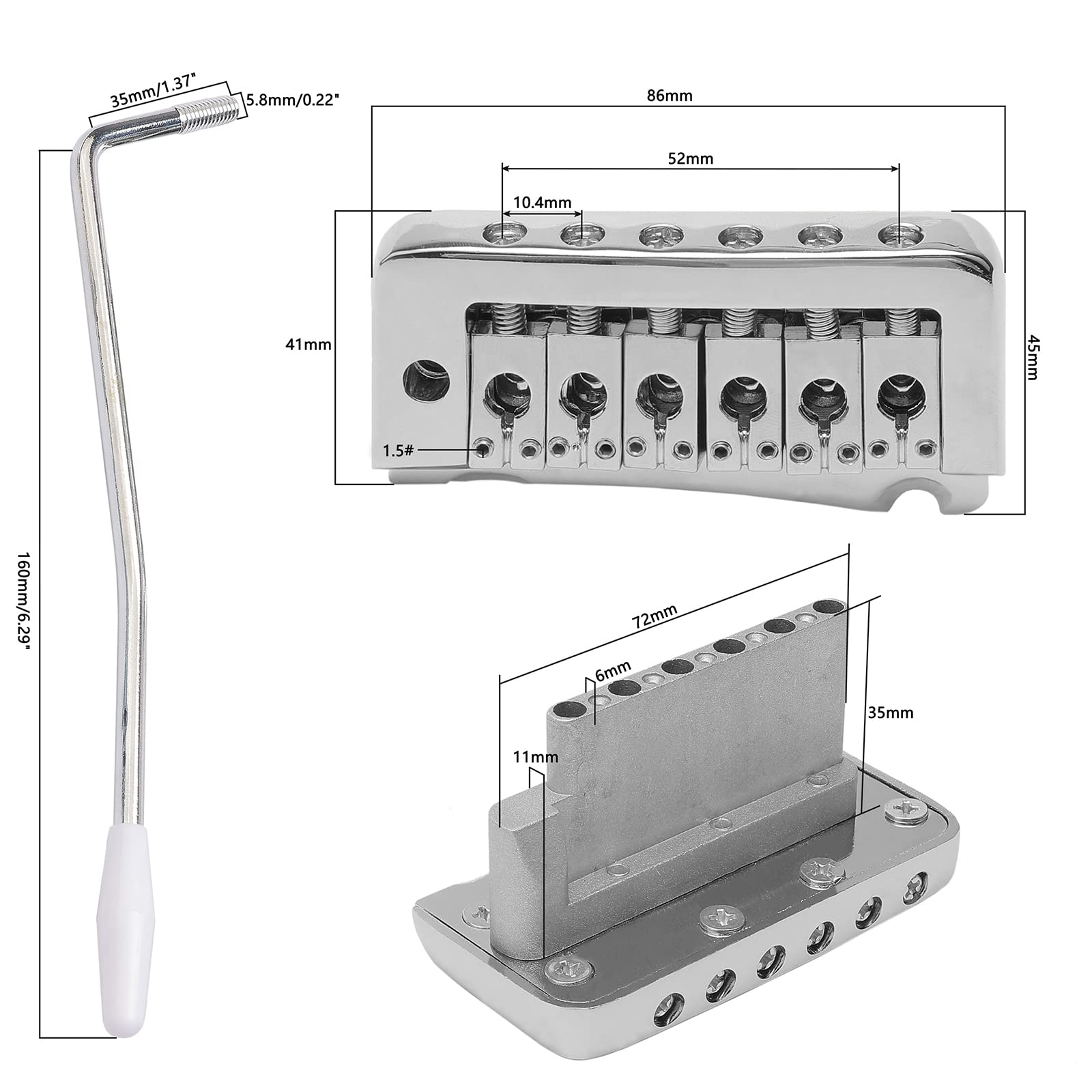 Unxuey 52Mm Guitar Stratocaster Tremolo Bridge 6 String Individual Saddle For Sq Fender Strat Style Electric Guitar(Silver)