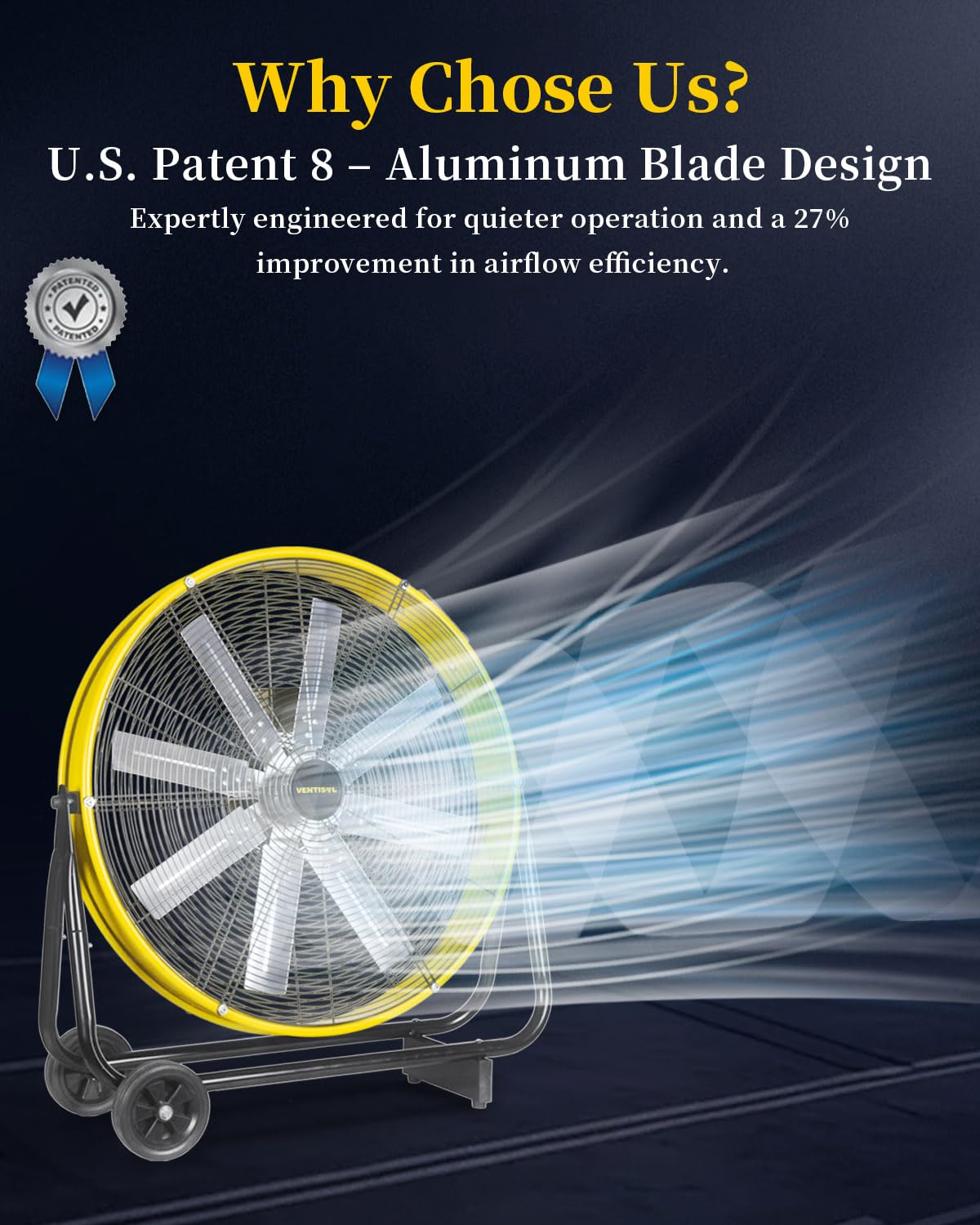 Ventisol 24 Inch Industrial Floor Drum Fan, 9500 Cfm Heavy Duty Floor Fan 3 Speed Air Circulator With Castors, High Velocity Sho