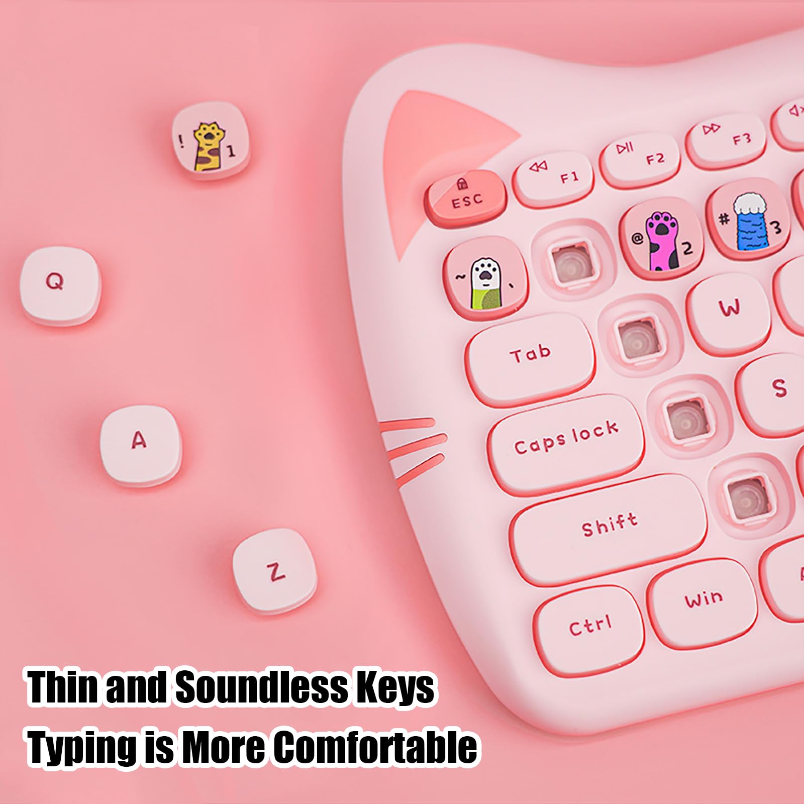 Cute Cat 2.4G Usb Wireless Keyboard And Mouse Combo, Silent Keys, Candy Colors, Compatible With Notebook, Pc (Pink 110Keys)