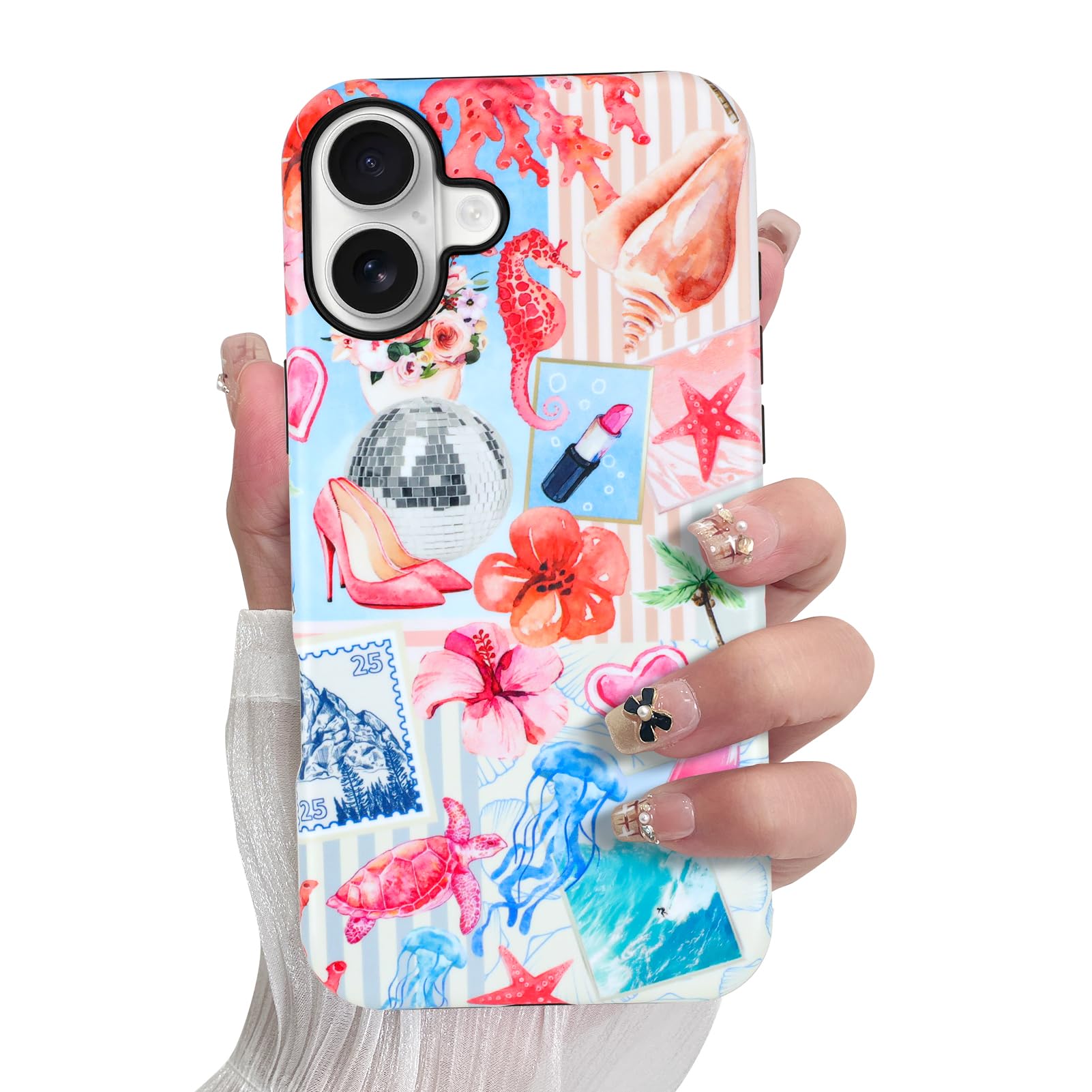SOKAD Magnetic Summer Collage Phone Case for iPhone 16 Plus, Cute Beach Coastal Collage Pattern Compatible with Magsafe Matte Pr