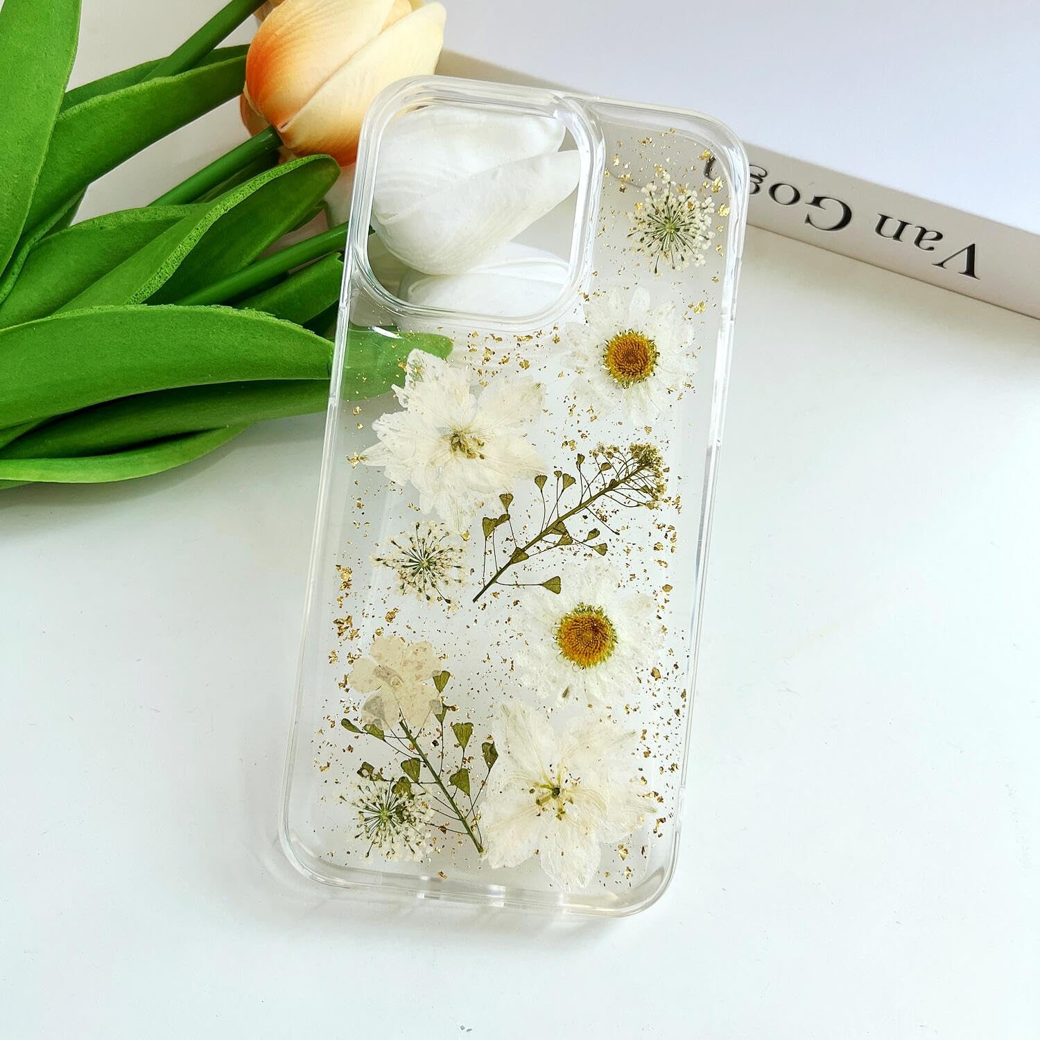Lseeka For Iphone 15 Pro Max Clear Case With Pressed Real Flowers Design,Glitter Cute White Floral Pattern Slim Soft Tpu Protect