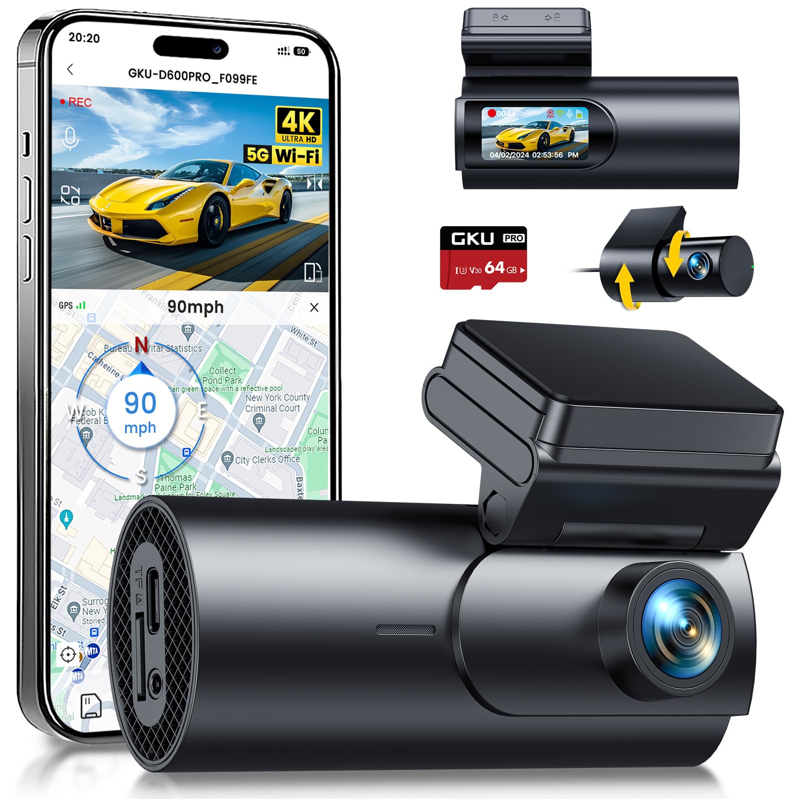 Gku Dash Cam Front And Rear Camera,4K+1080P Dual Dash Camera For Cars Built In 5Ghz Wifi Gps,With 64G Sdcard,1.47'' Display Dash