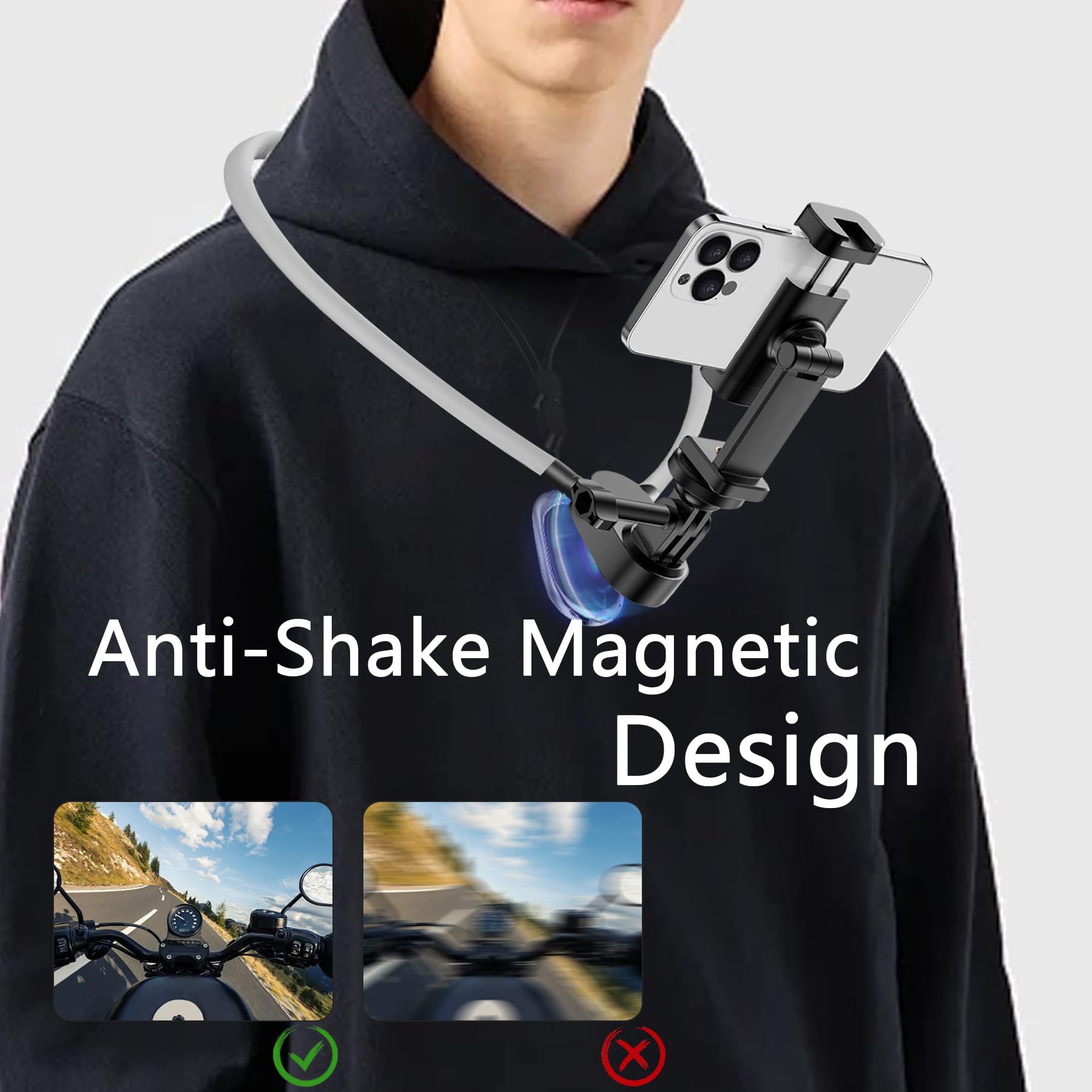 Neck Phone Holder, Hands Free Magnetic Neck-Mounted Phone Holder With Remote Control, Adjustable Pov/Vlog Chest Phone Mount, Com