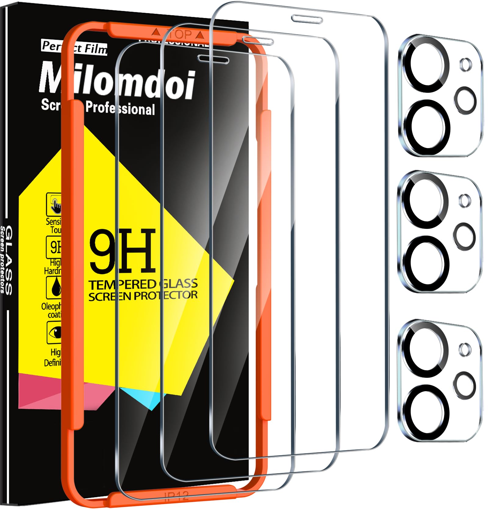 Milomdoi 3 Pack Screen Protector For Apple Iphone 12 With 3 Pack Tempered Glass Camera Lens Protector, Ultra 9H Accessories, Cas