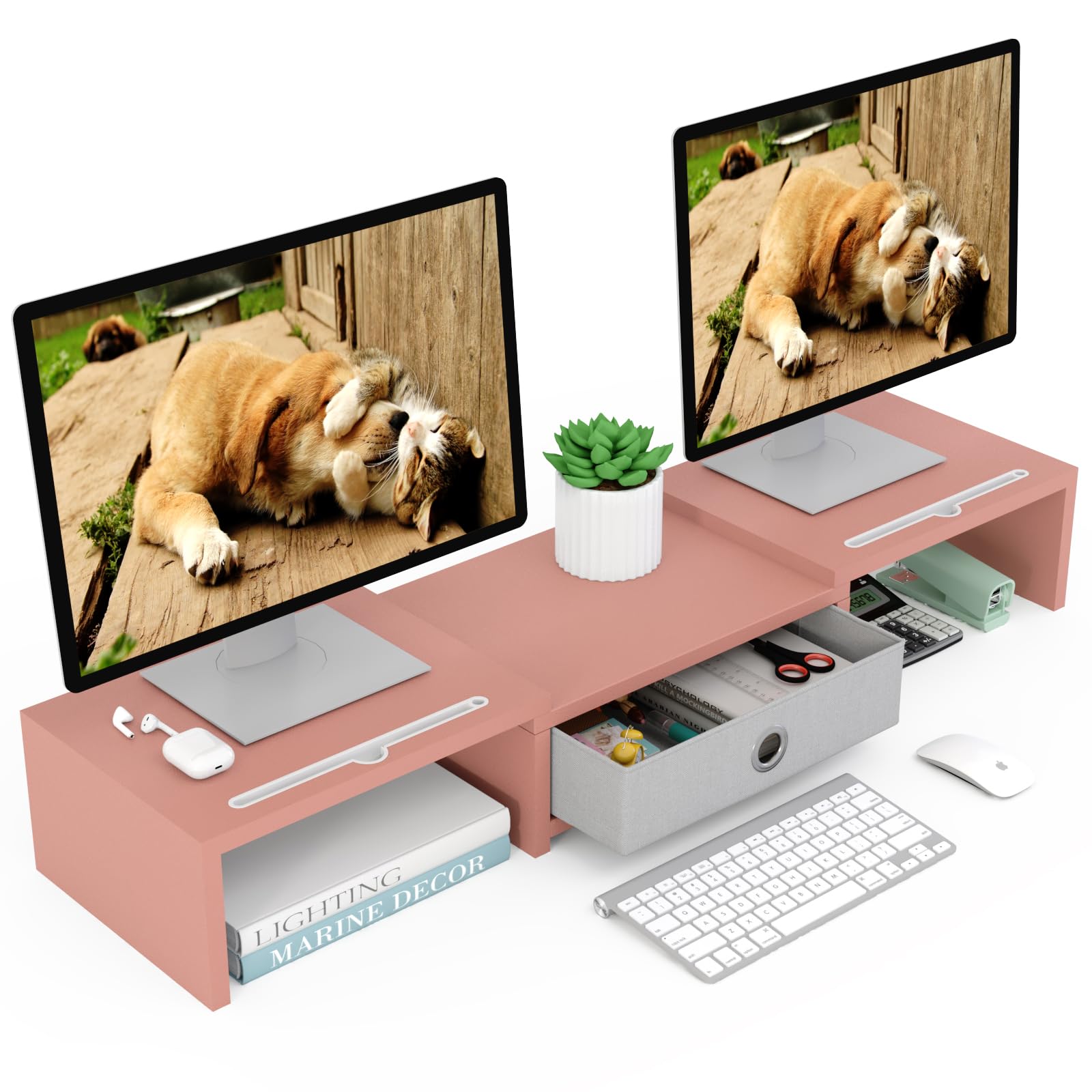 Westree Dual Monitor Stand Riser With Drawer, 3 Shelf Computer Monitor Riser With Adjustable Length And Angle, Desktop Monitor S