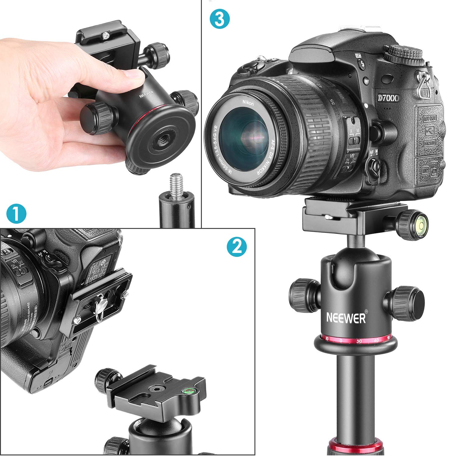 Neewer 36Mm Tripod Ball Head 360 Panoramic Metal With Arca Type Quick Release Plate, 1/4'' Screw 3/8'' Thread Mount, Max Load 17