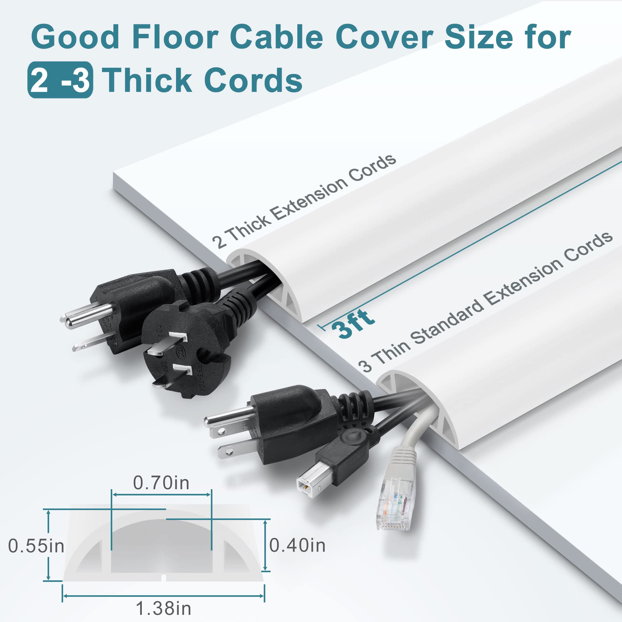 Cord Hider Floor, 3Ft, White Cord Cover Floor, Cord Protector Floor Extension Cable Cover, Soft Pvc Wire Covers   Cable Manageme